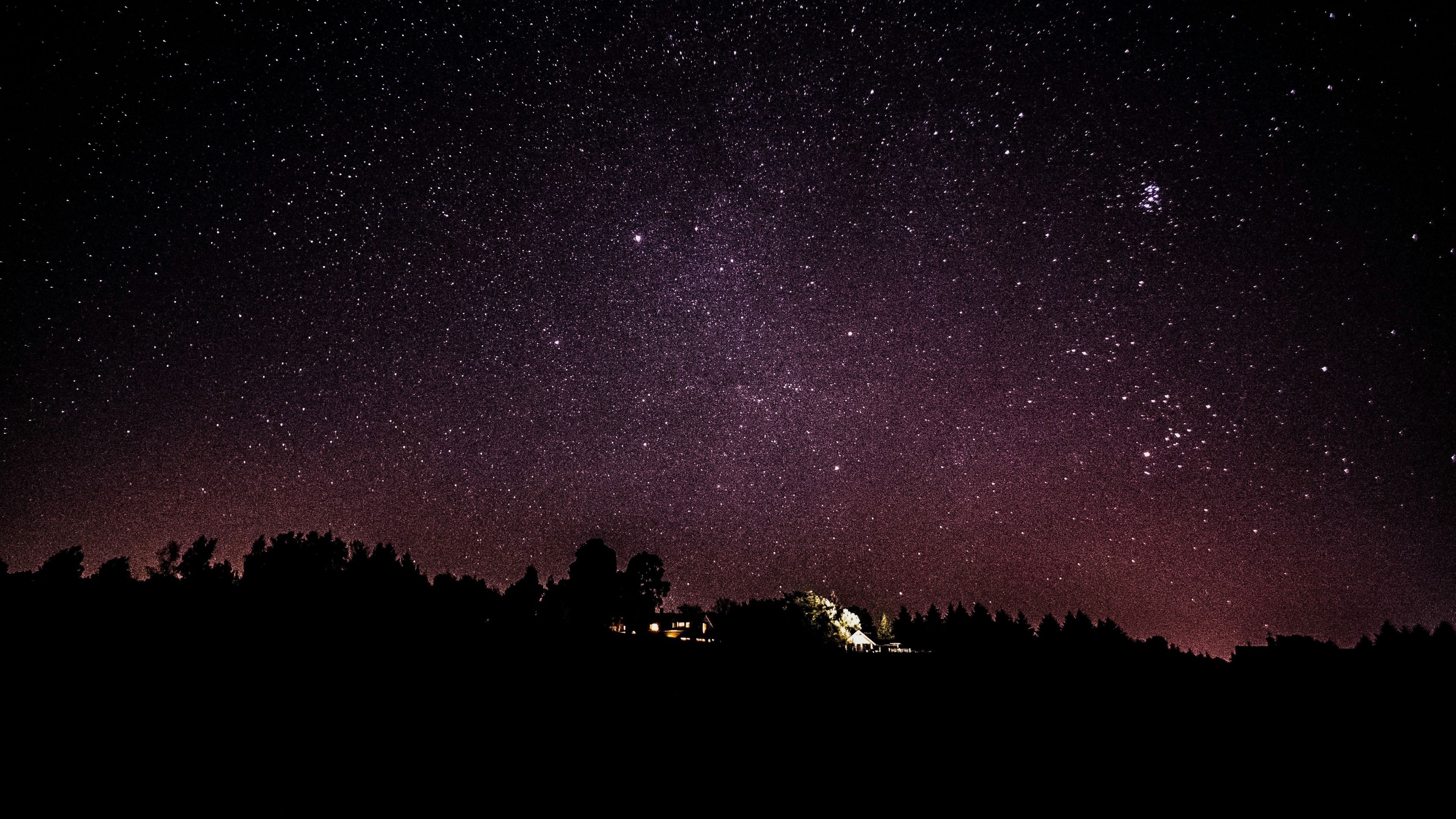 Pleiades star cluster, illuminated rural house, silhouetted tree line, 4K Desktop wallpaper