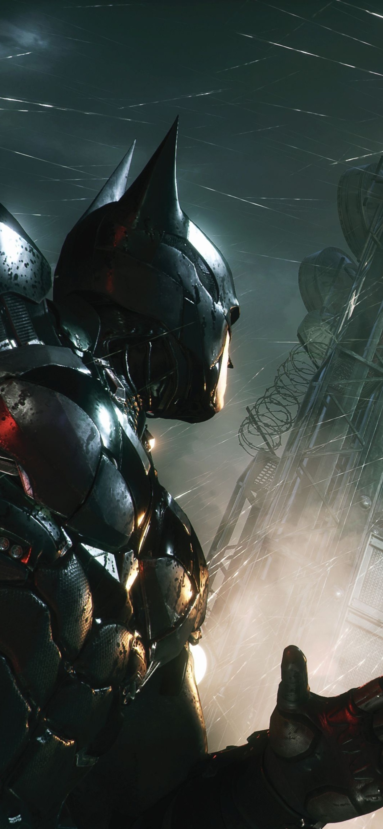 Arkham Knight, Rain-slicked tactical armor, Barbed wire antenna tower, HD Phone wallpaper