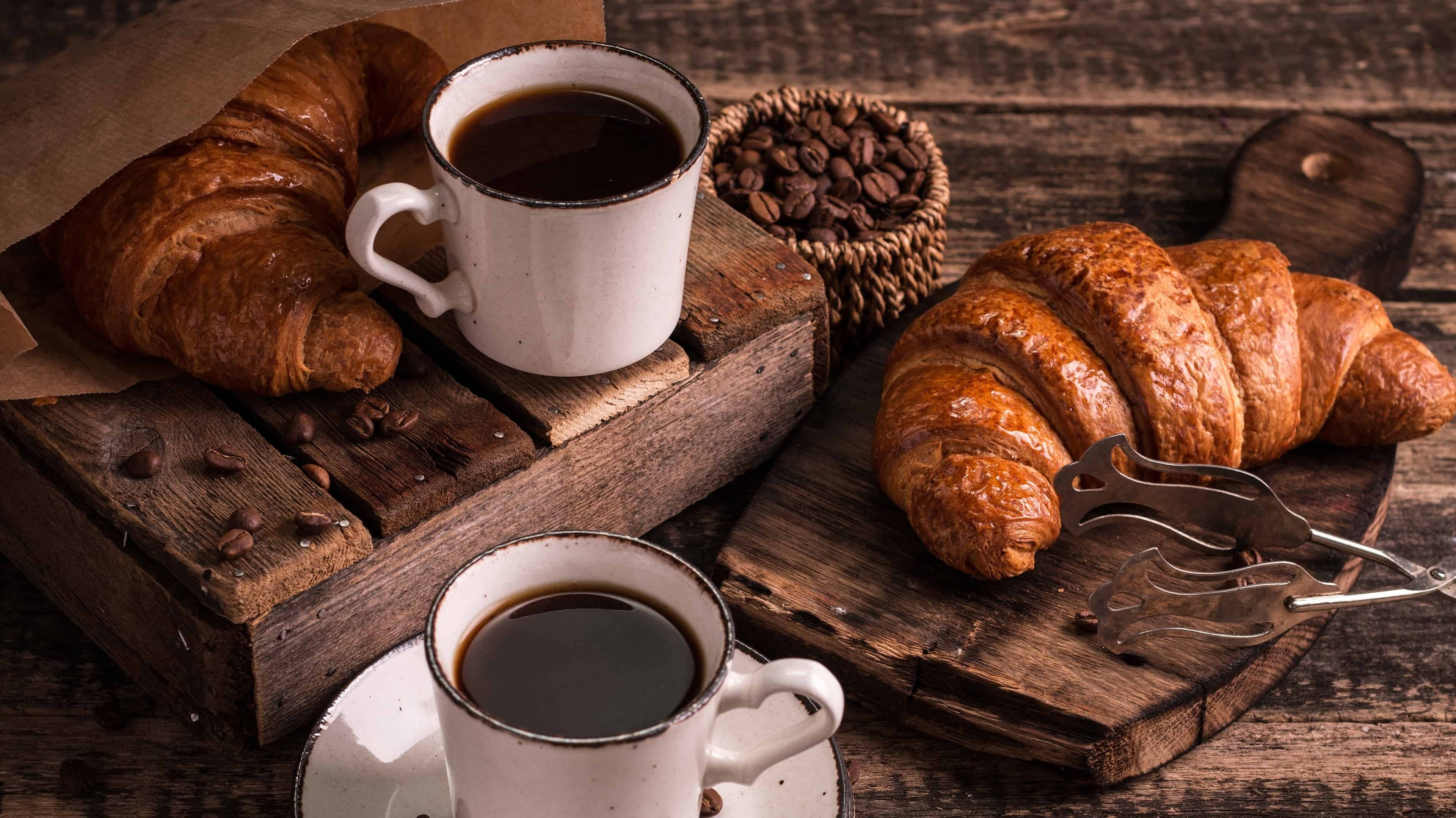 Croissant and coffee, Breakfast combo, Morning indulgence, High-definition wallpaper, 3840x2160 4K Desktop