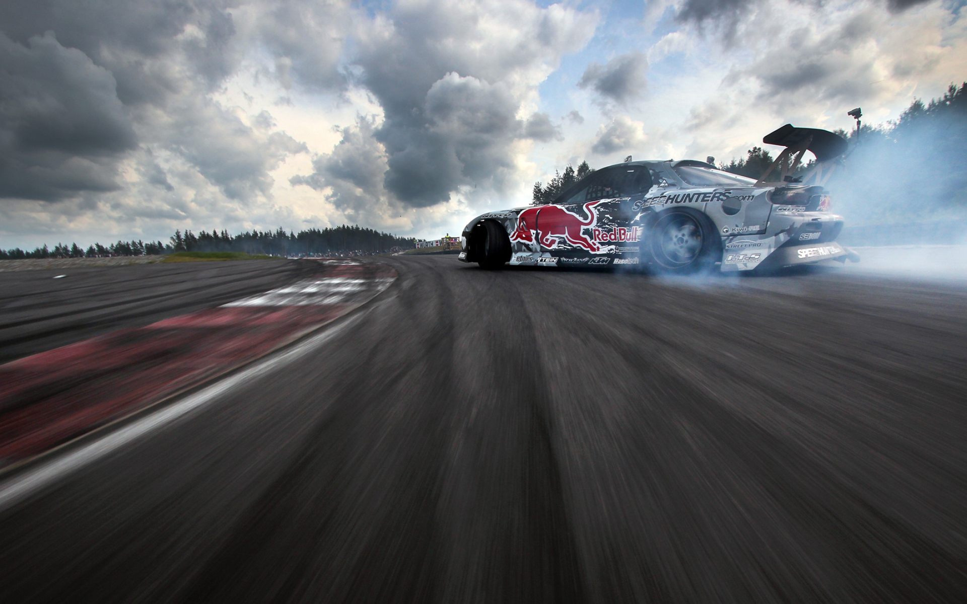 Mazda RX-7 drift car, Red Bull livery, drifting tire smoke, HD Desktop wallpaper