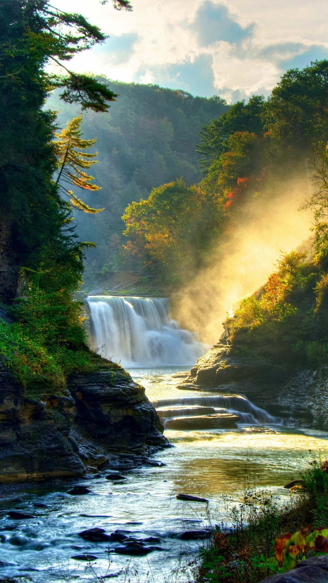 Autumn river waterfall, Serene woods, Nature's magic, Tranquil scene, 1080x1920 Full HD Phone