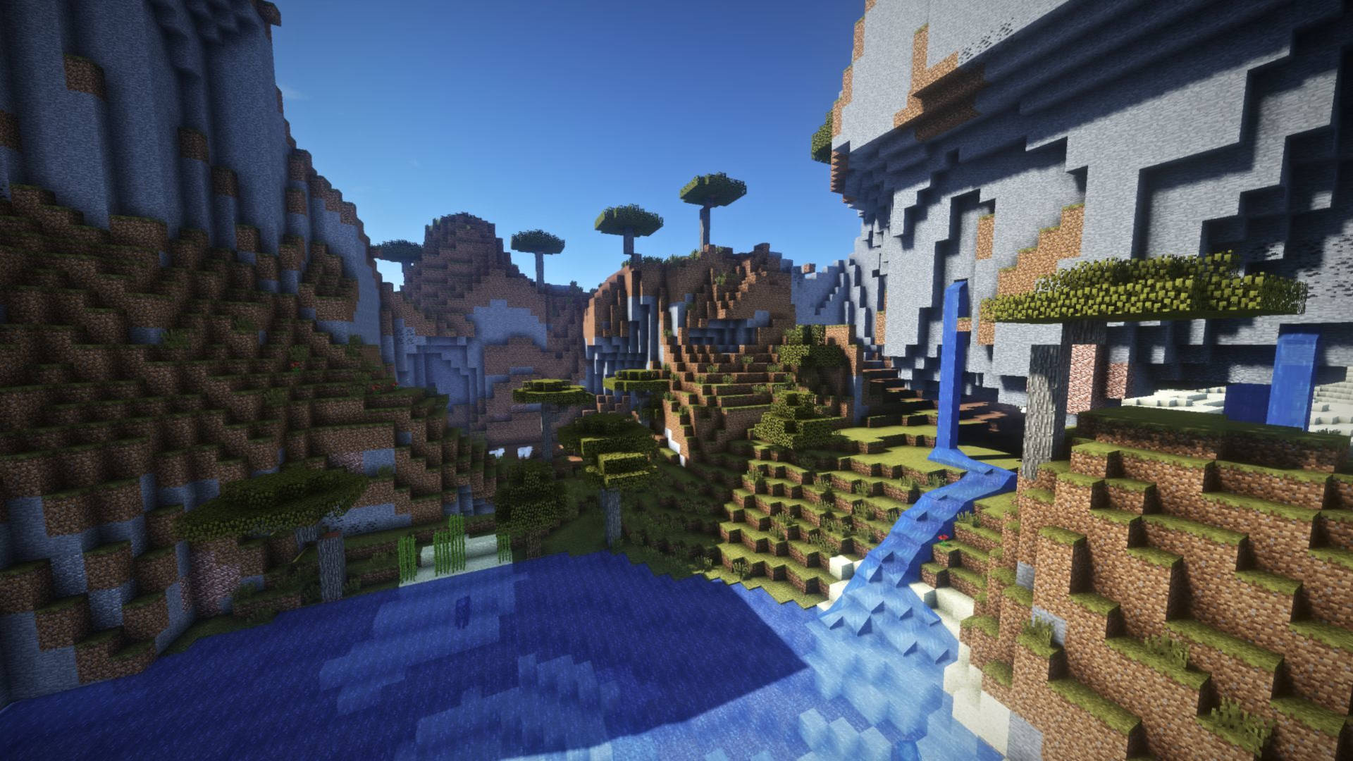 Minecraft shattered savanna, Minecraft acacia trees, Minecraft waterfall lake, Full HD Desktop wallpaper