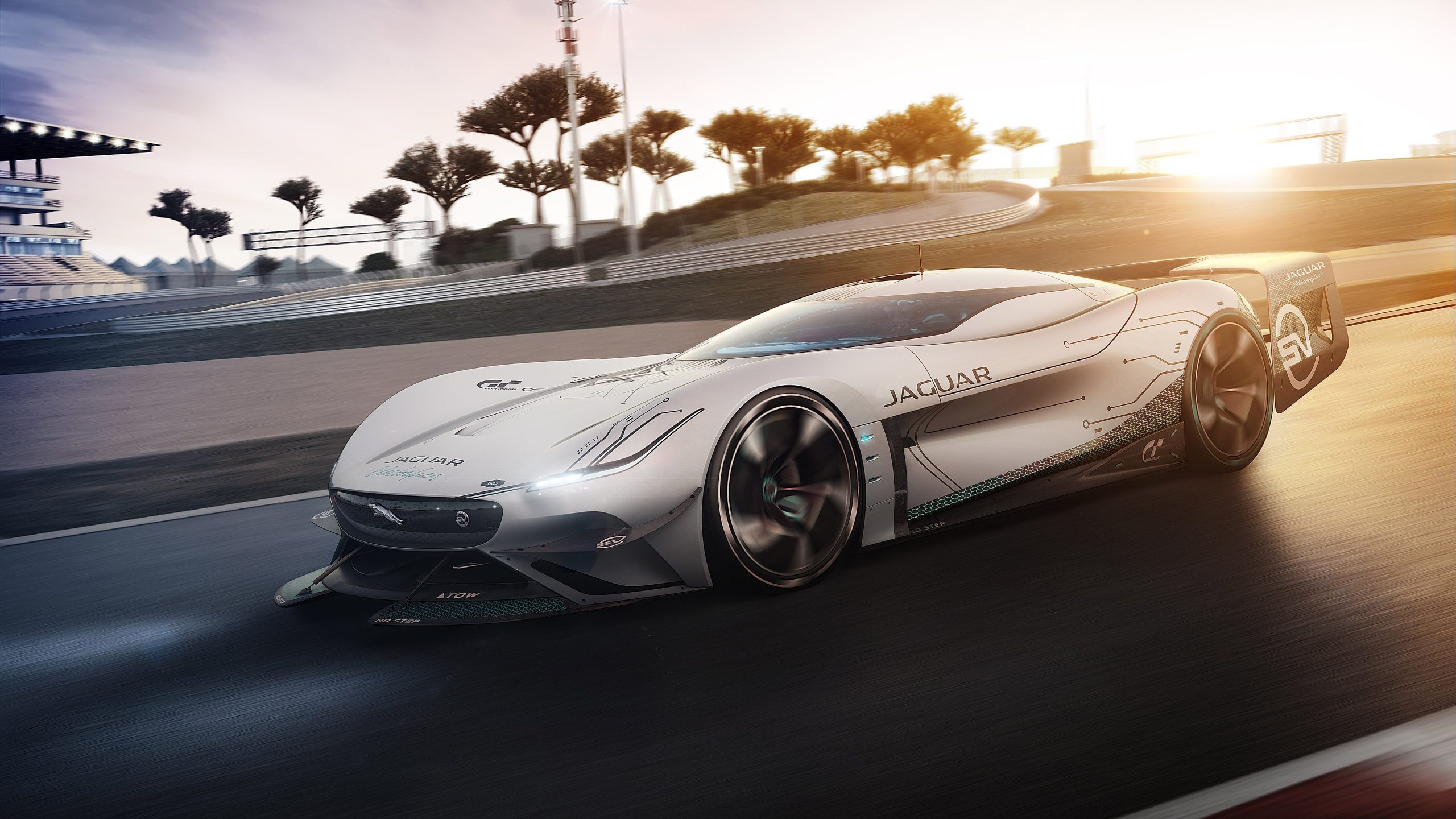 Jaguar Vision Gran Turismo SV, sunset race circuit, JAGUAR livery, HD Desktop wallpaper