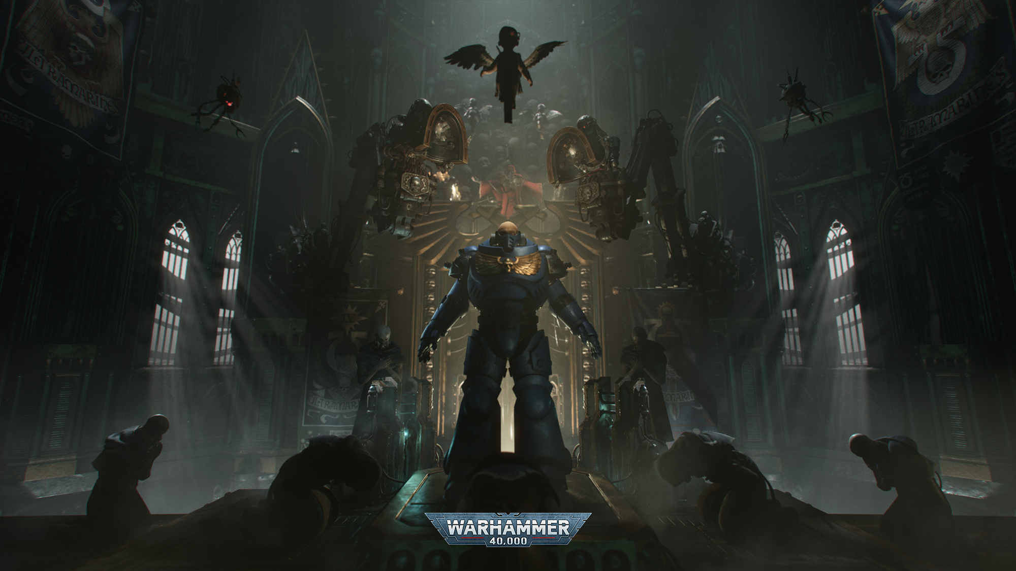 Ultramarine power armor, Warhammer 40,000 logo, Cherub servitor, HD Desktop wallpaper