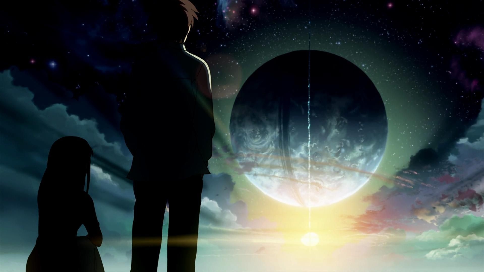 Takaki Tono silhouette, Giant celestial planet, Starry twilight sky, Full HD Desktop wallpaper