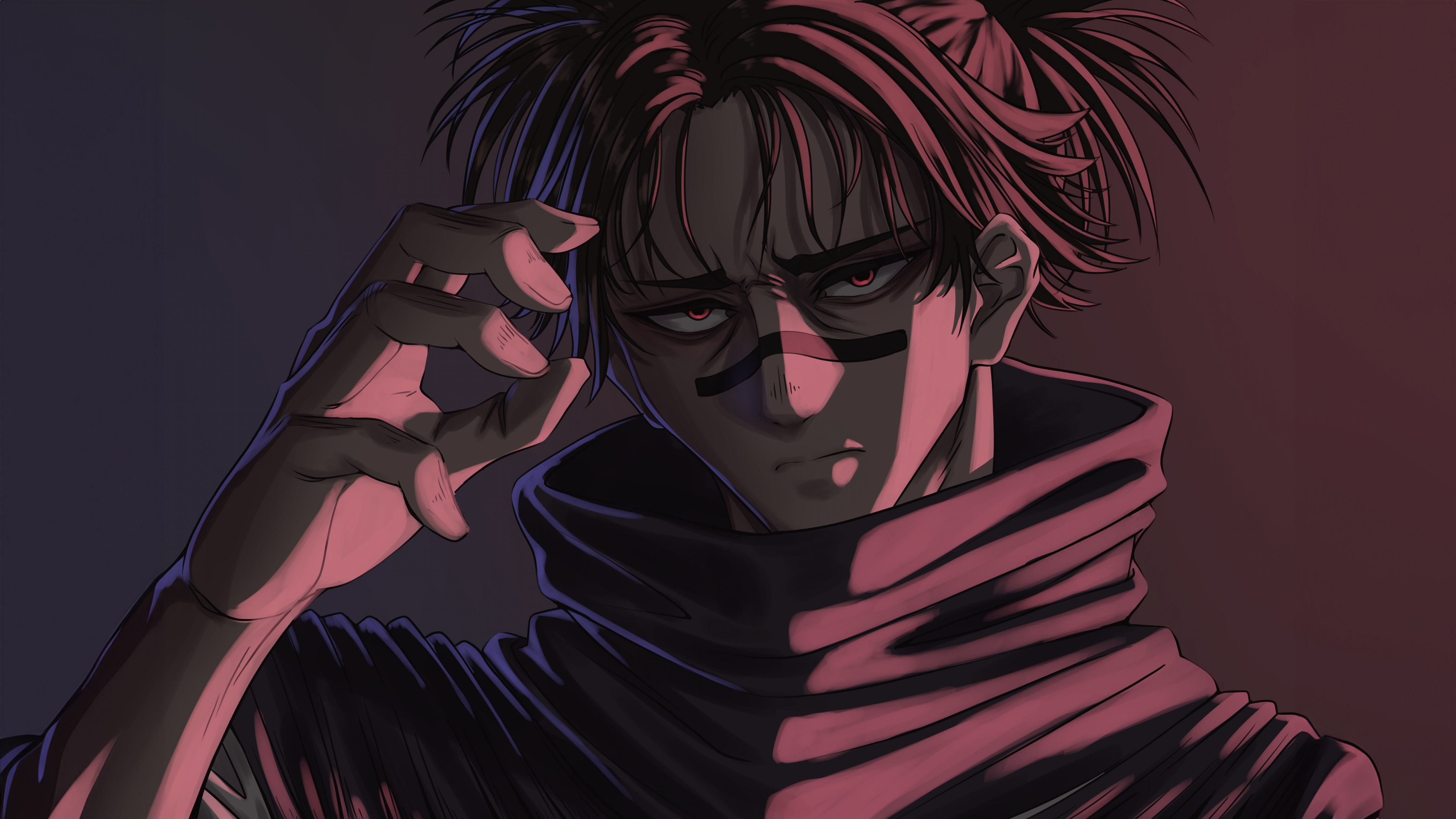 Choso, Nose-bridge curse mark, Crimson shadow lighting, 4K Desktop wallpaper