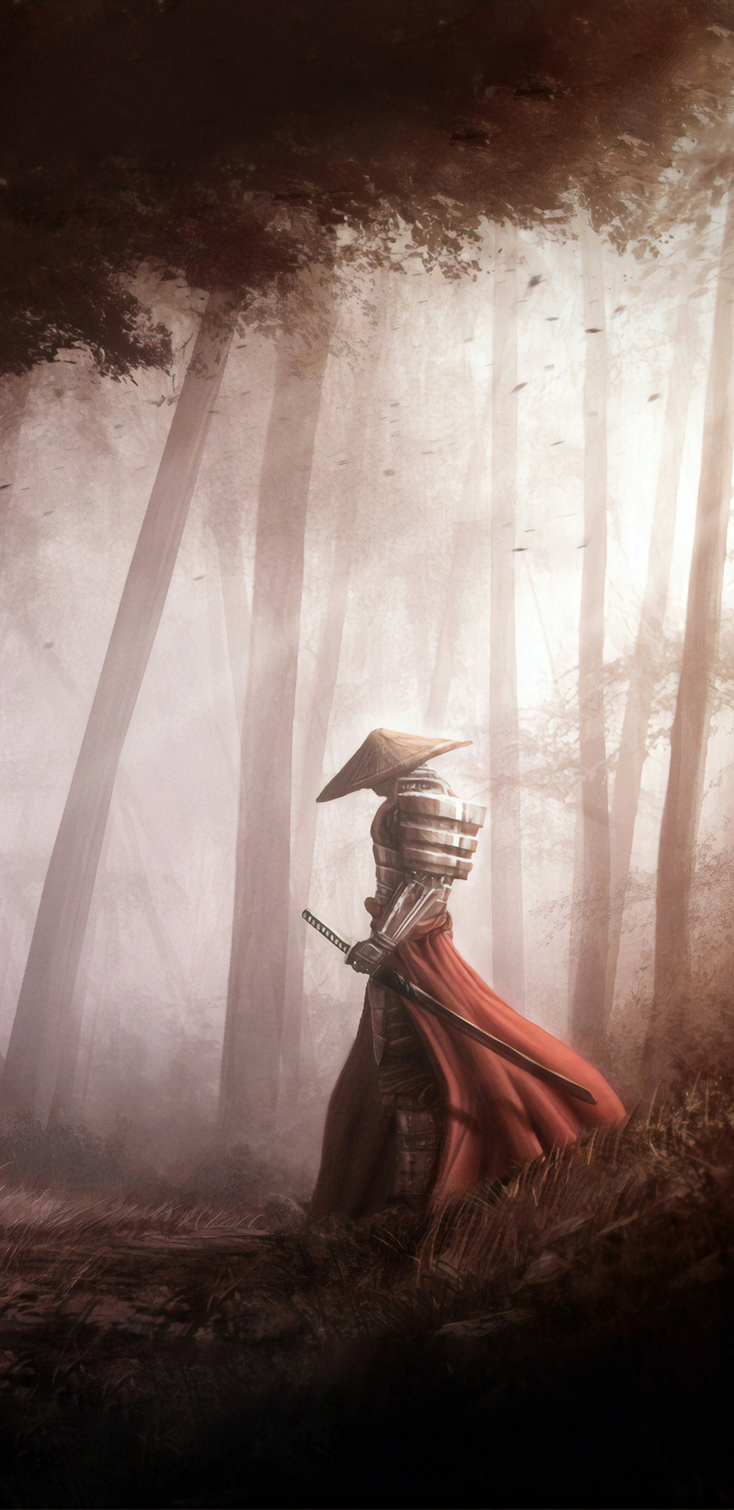 armored samurai in sugegasa, sheathed katana sword, misty sunlit forest, HD Phone wallpaper