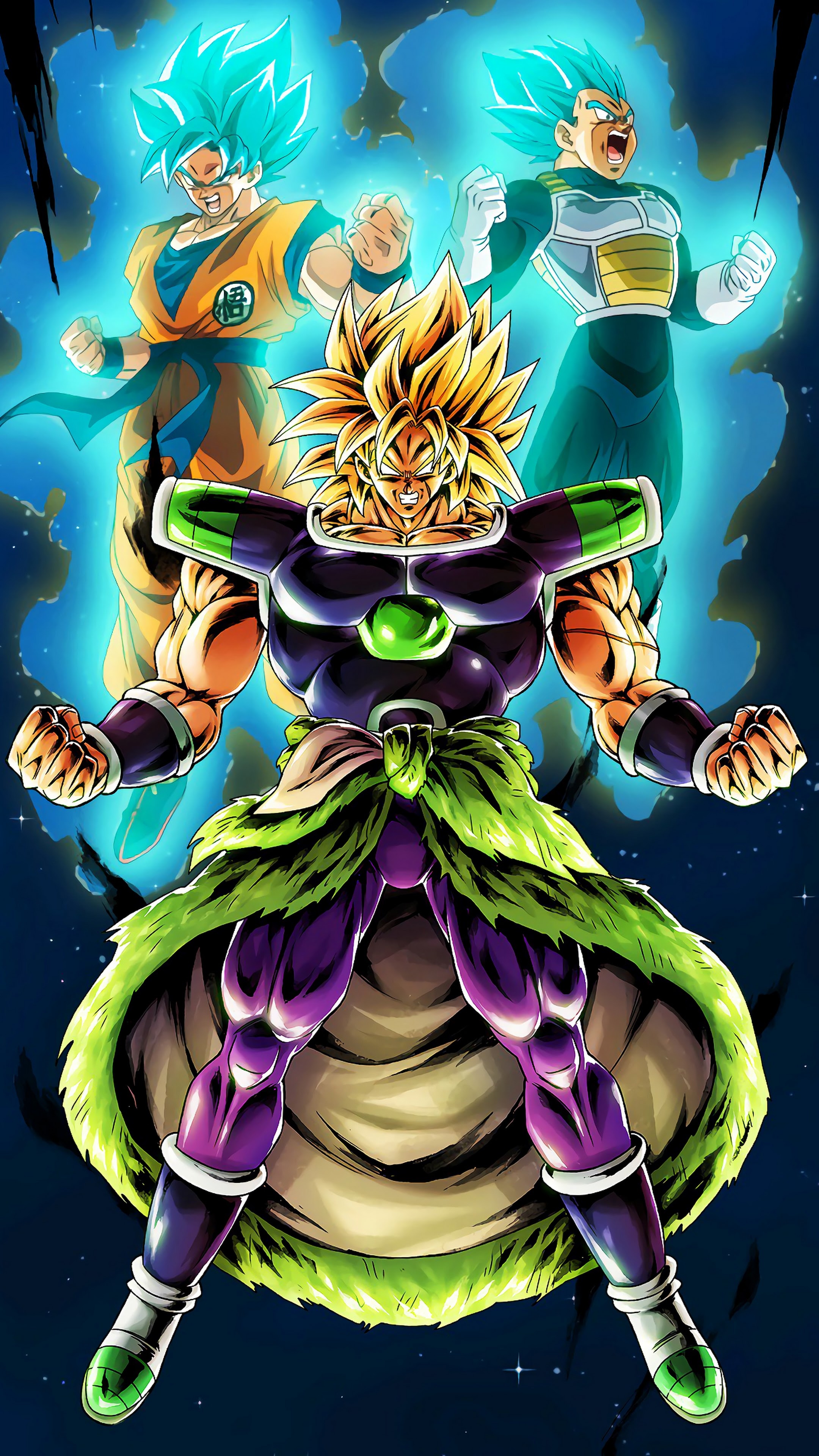 Super Saiyan Broly, Super Saiyan Blue Goku, Super Saiyan Blue Vegeta, 4K Phone wallpaper