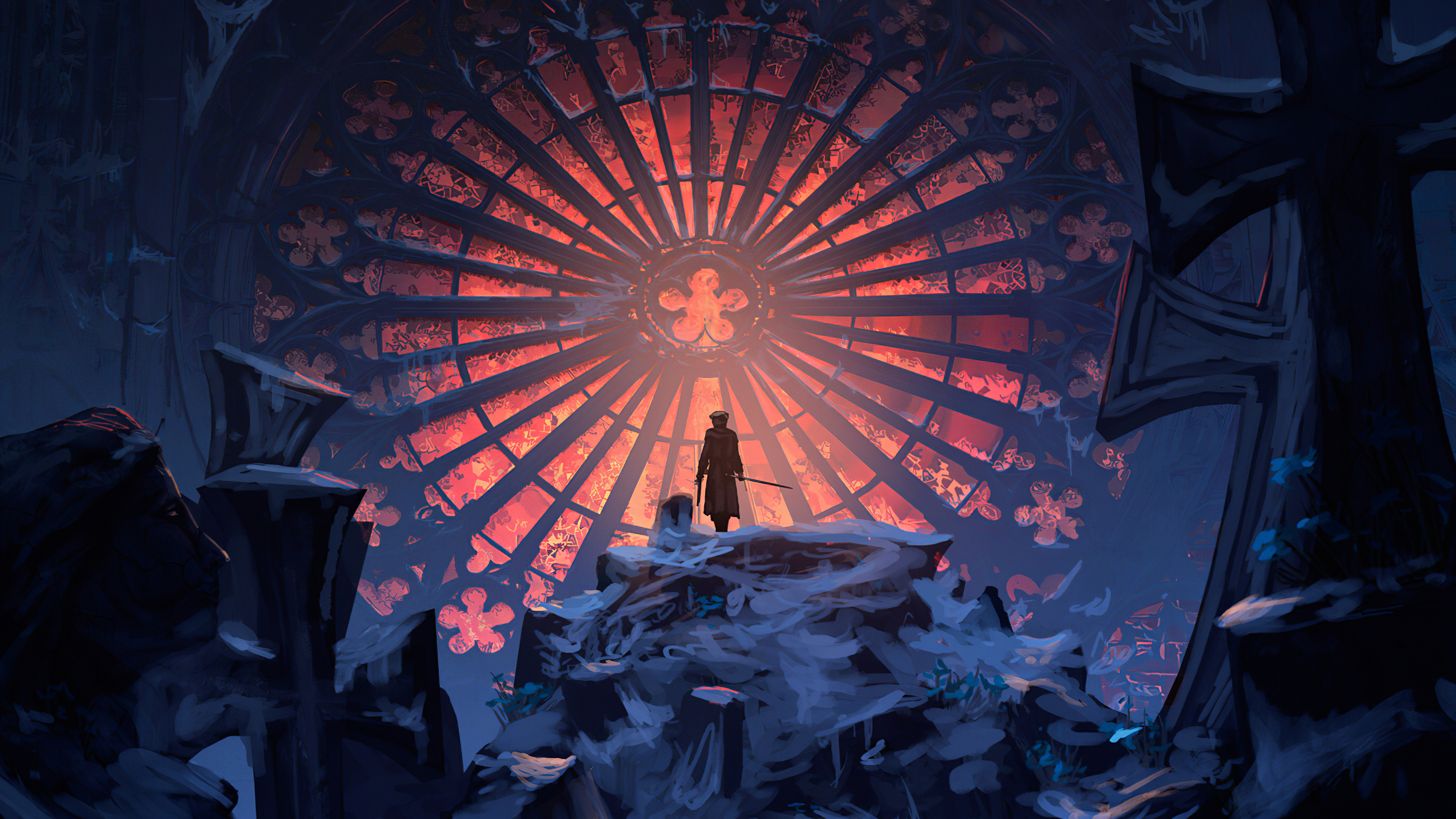 Lady Maria, Astral Clocktower window, Gothic stone crosses, 4K Desktop wallpaper