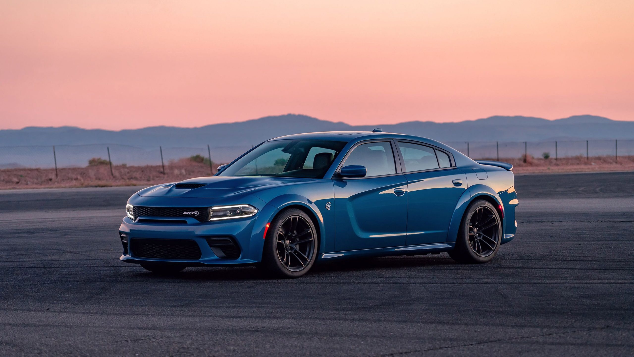Dodge Charger SRT Hellcat Widebody, asphalt racetrack, twilight mountain sunset, HD Desktop wallpaper