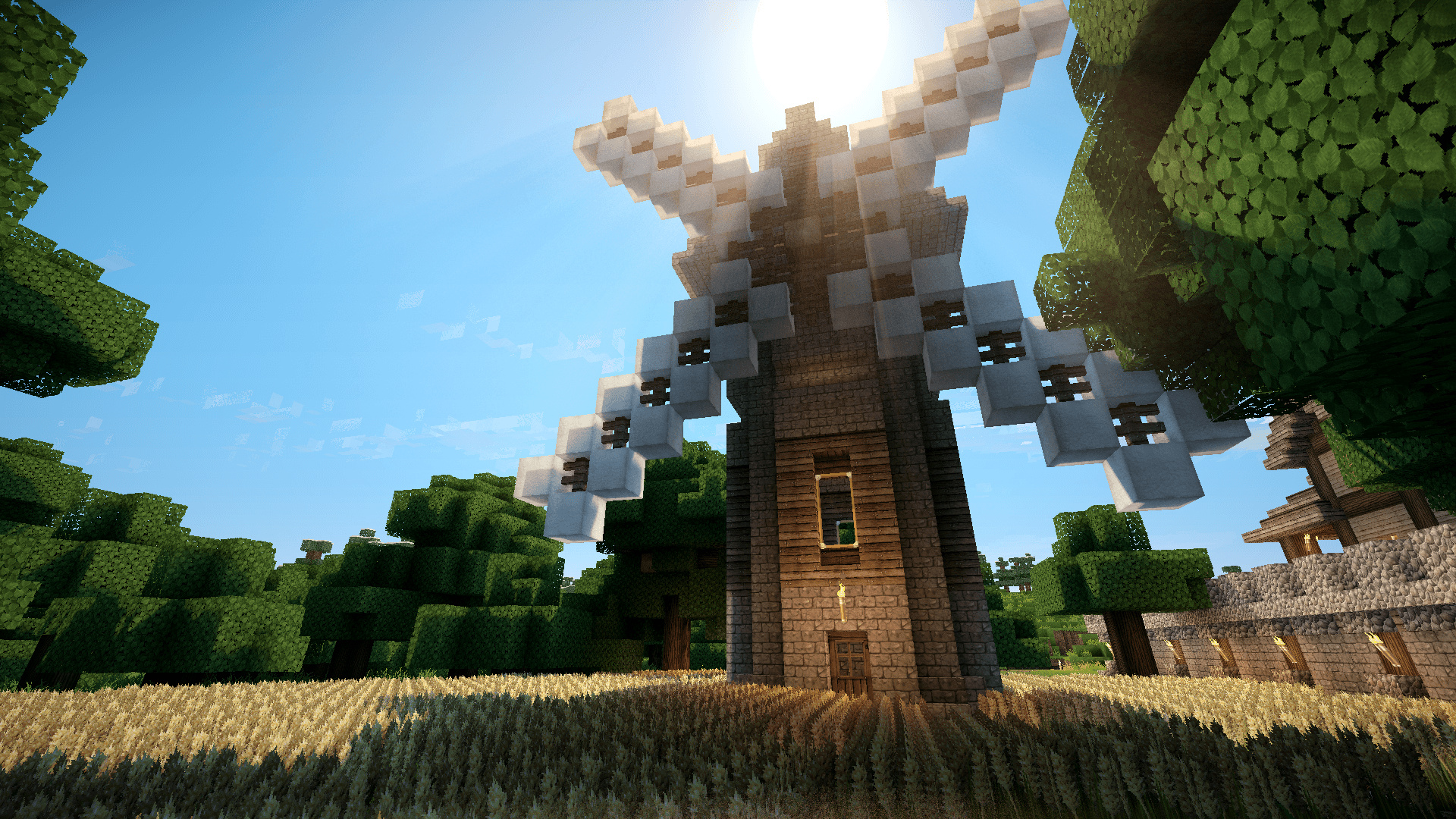 Minecraft windmill, Minecraft wheat field, realistic shader lighting, Full HD Desktop wallpaper
