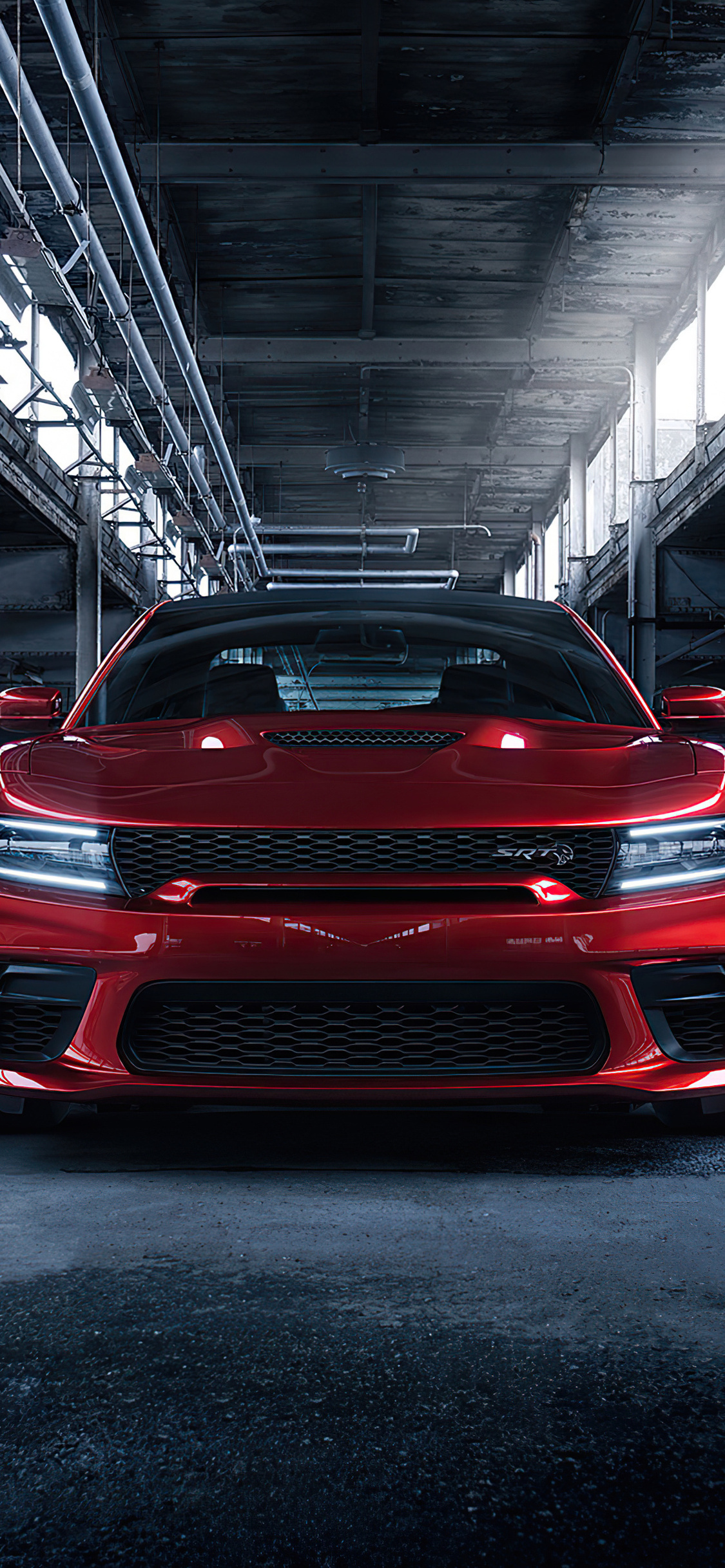 Dodge Charger SRT Hellcat, SRT Hellcat grille emblem, industrial warehouse interior, HD Phone wallpaper
