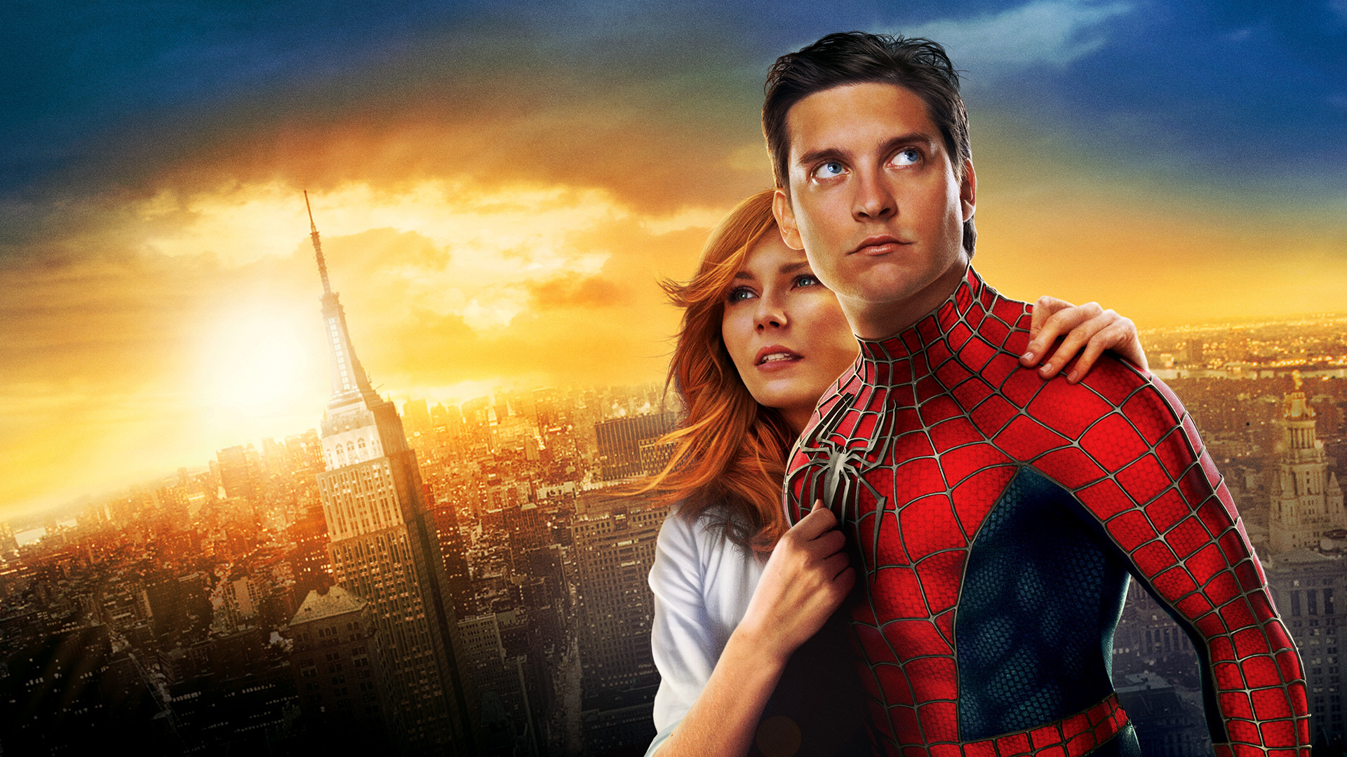 Tobey Maguire as Spider-Man, Kirsten Dunst as Mary Jane, Empire State Building, New York City skyline sunset, Full HD Desktop wallpaper
