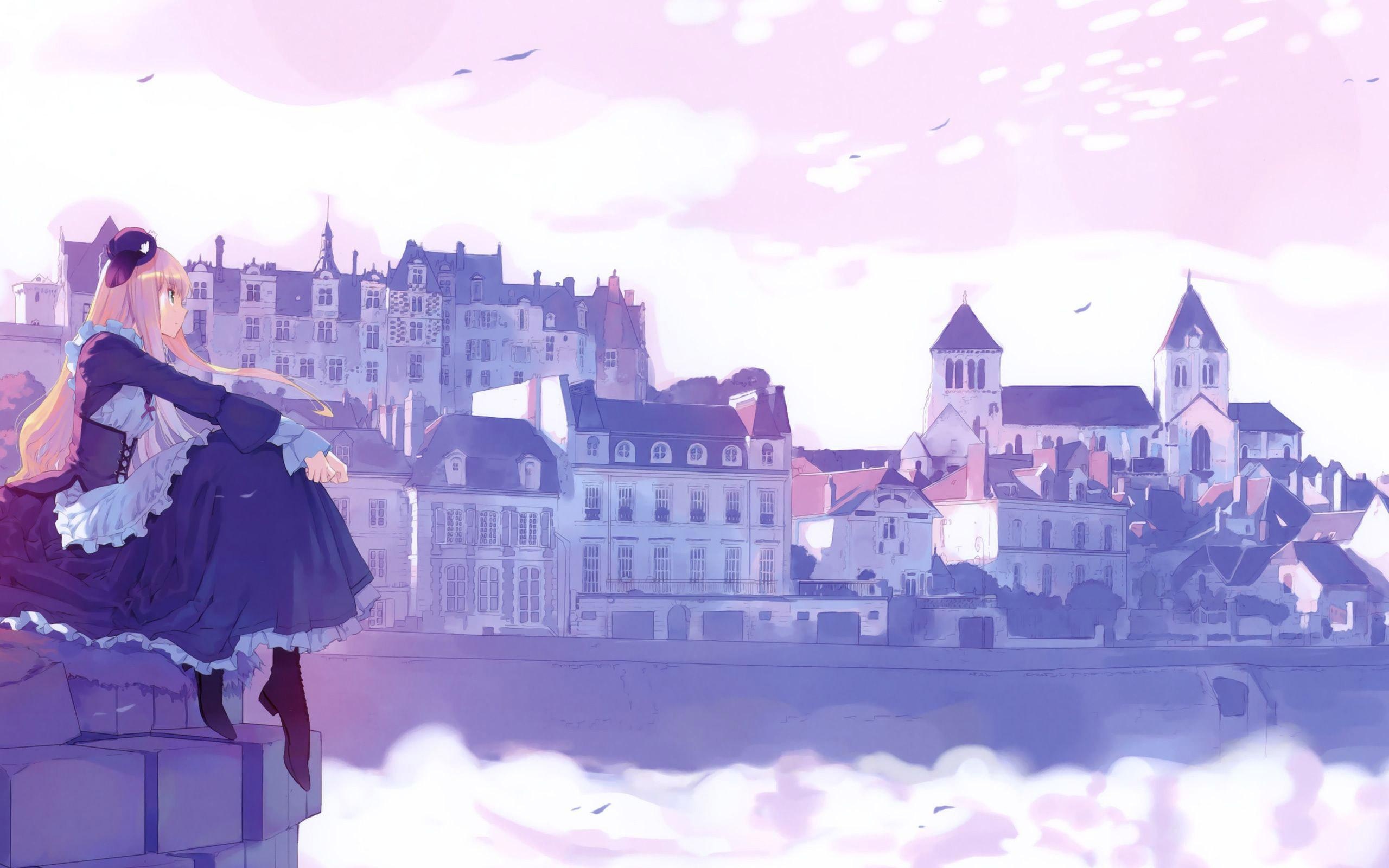 Victorique de Blois, European historic townscape, pastel lilac sky, HD Desktop wallpaper