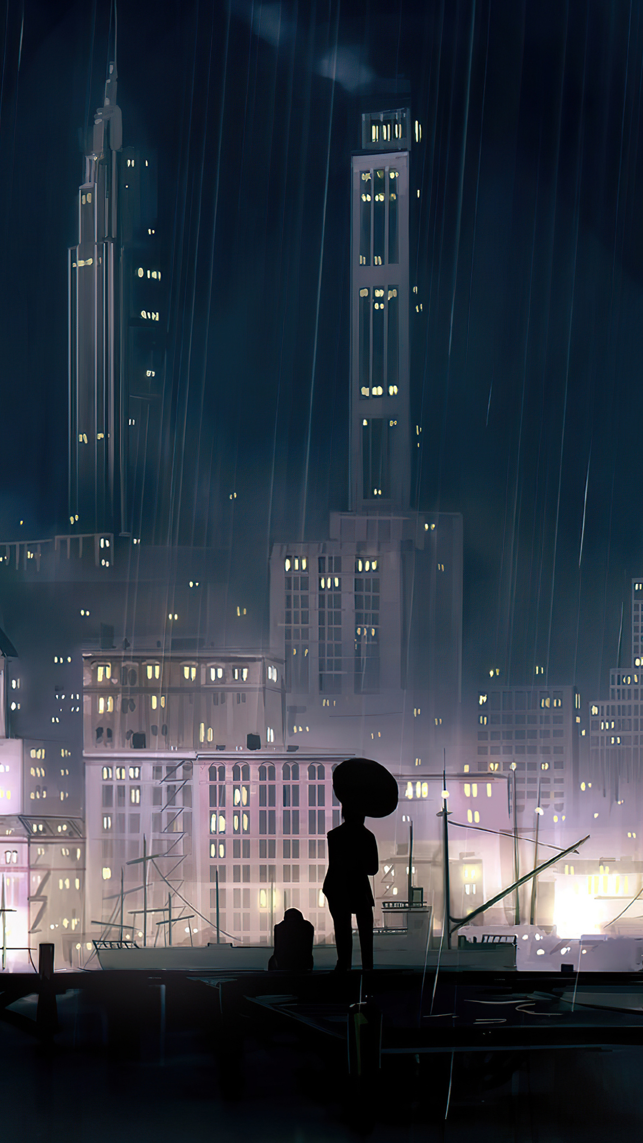 silhouetted figure holding umbrella, illuminated art deco skyscrapers, rainy night harbor dock, 4K Phone wallpaper