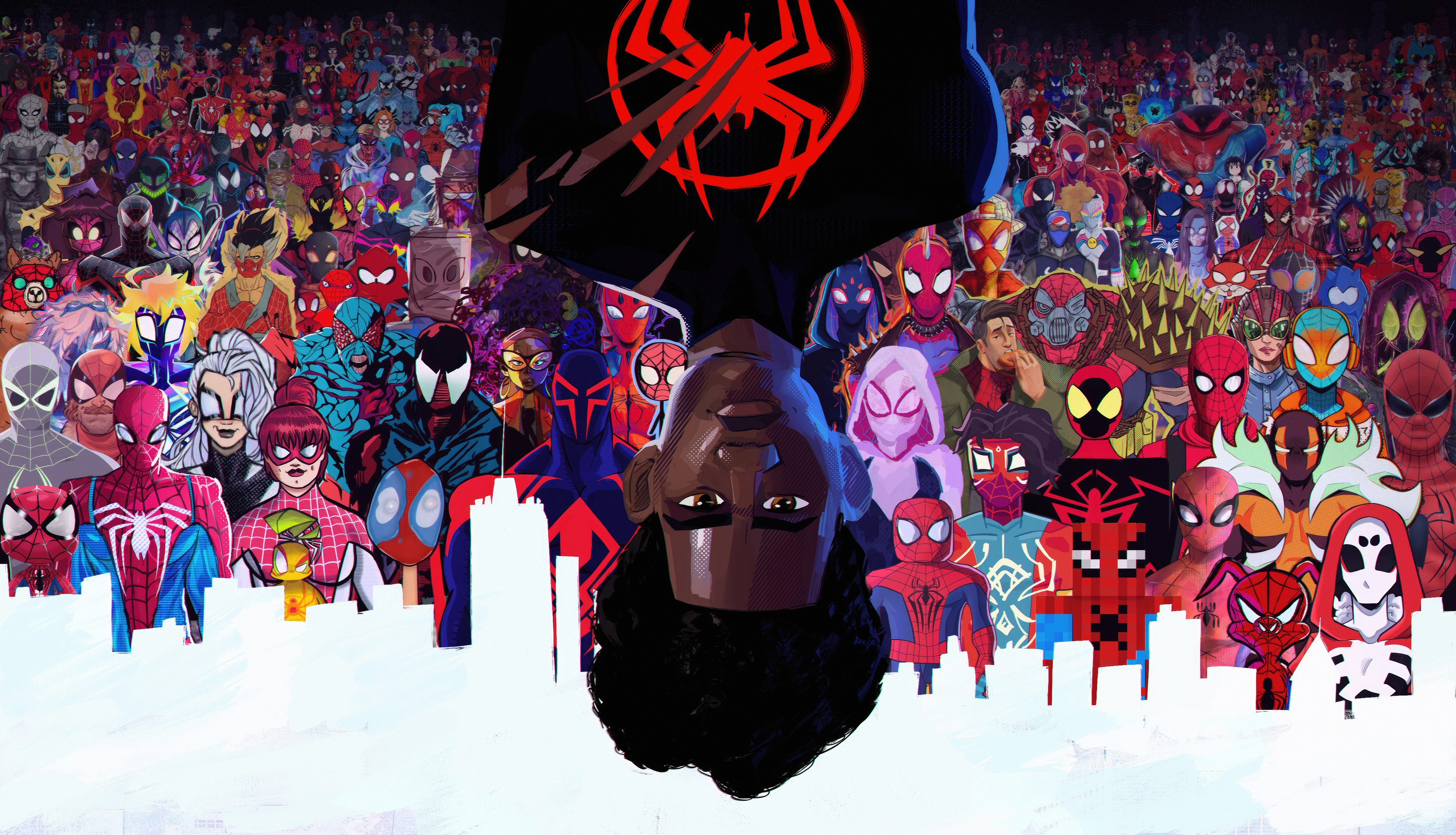 Across the Spider-Verse, Spider-Man 2099 (Miguel O'Hara), Miles Morales, Spider-Gwen (Gwen Stacy), Inverted central figure, Multicolored masked crowd, White skyline silhouette, 4K Desktop wallpaper