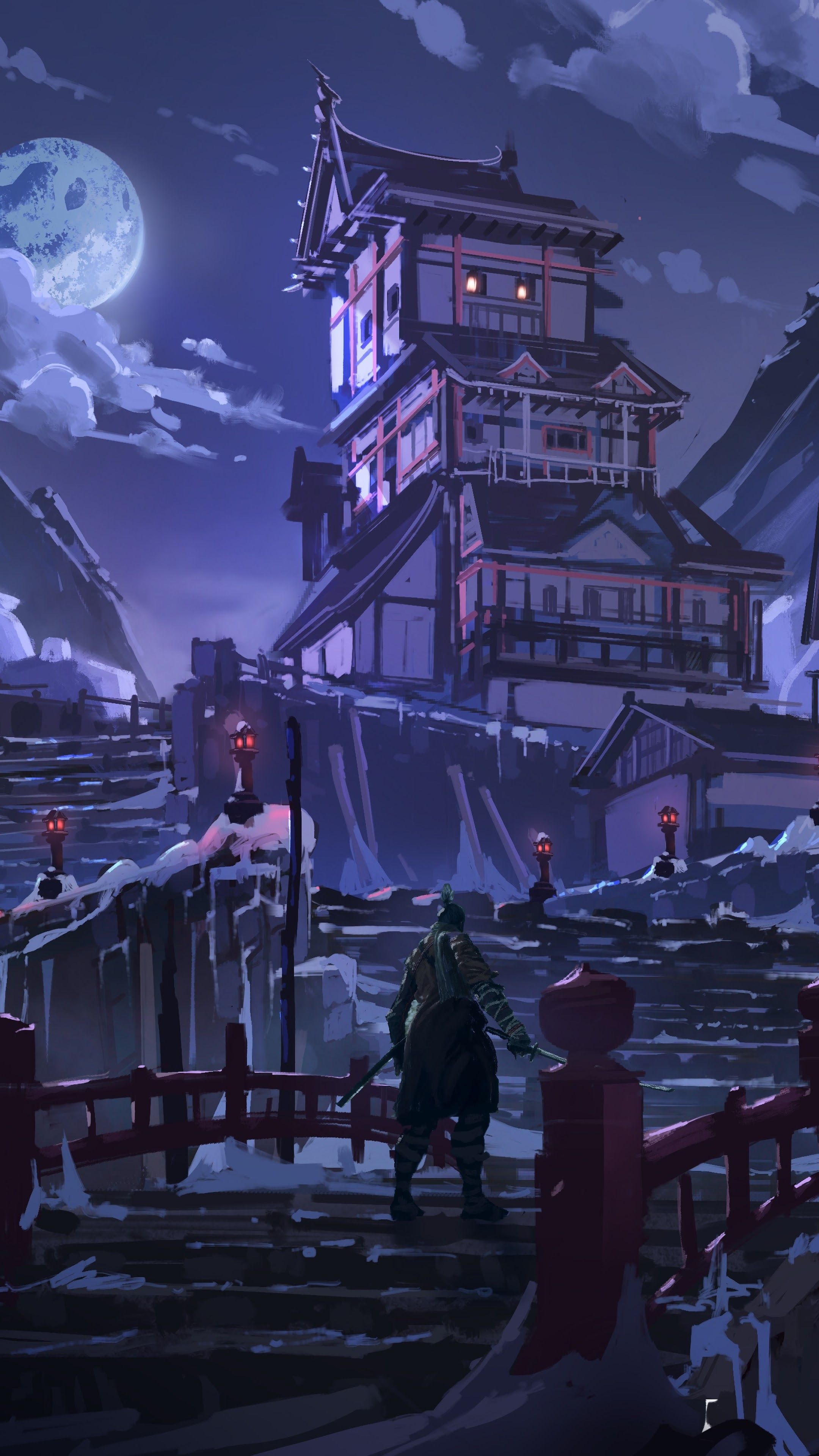 Wolf Sekiro, Ashina Castle, snowy full moon night, 4K Phone wallpaper