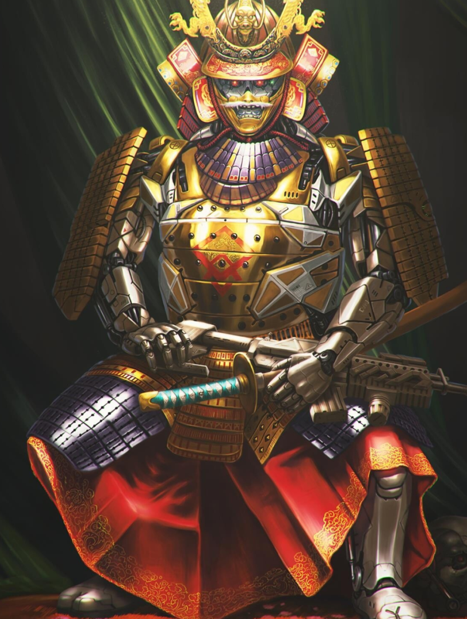 robotic samurai warrior, golden kabuto and menpo, tactical assault rifle, HD Phone wallpaper