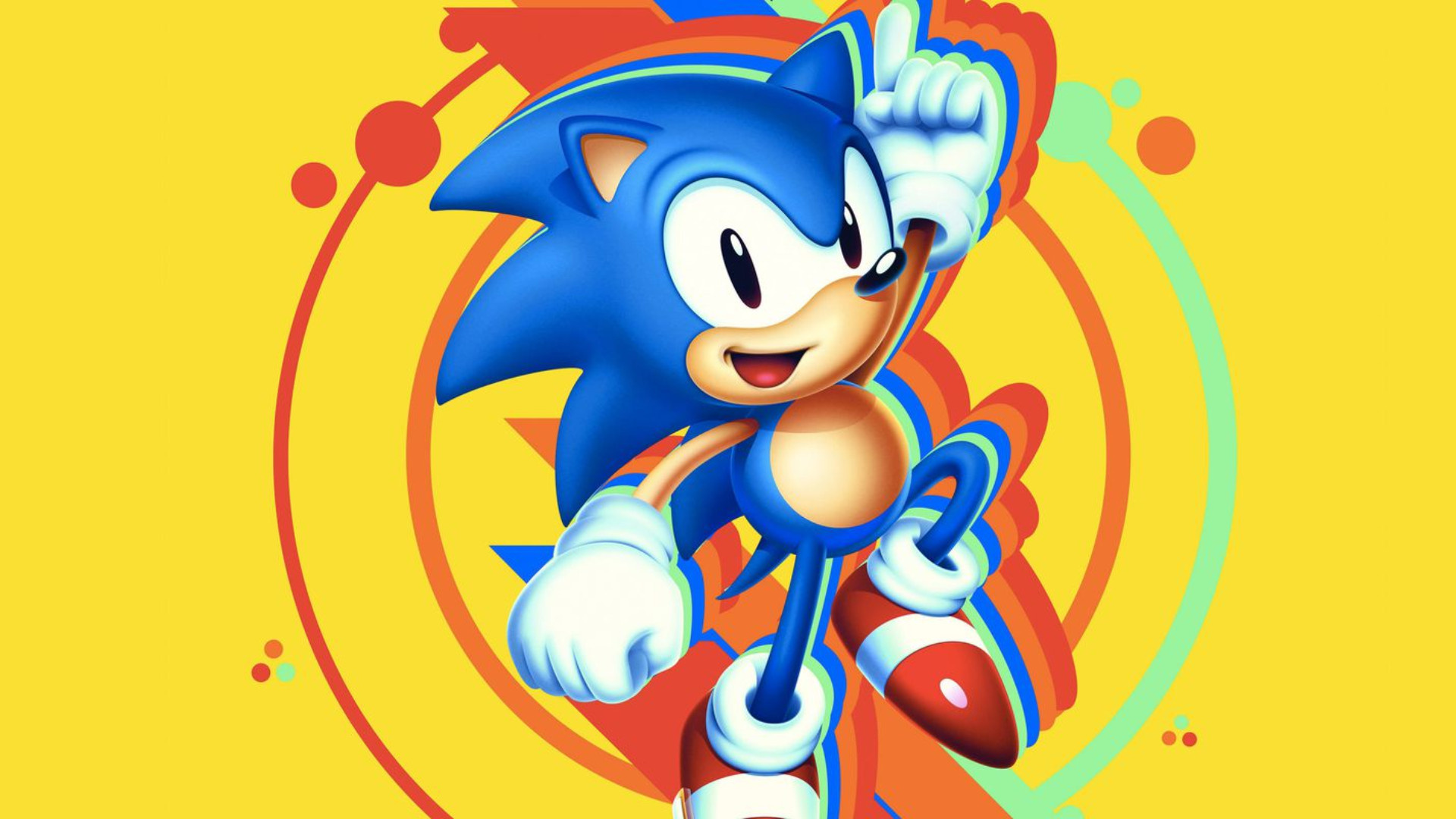 Sonic the Hedgehog pointing, Sonic Mania key art, Yellow concentric circle motif, Full HD Desktop wallpaper