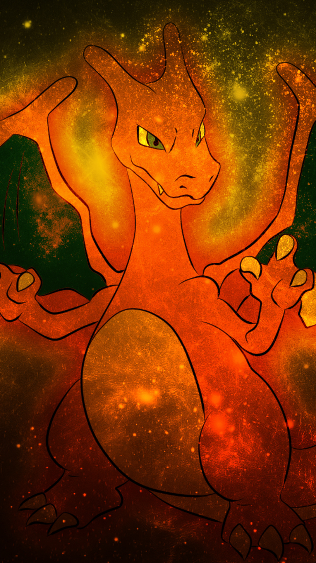 Charizard, Glowing ember sparks, Fiery nebula backdrop, Full HD Phone wallpaper