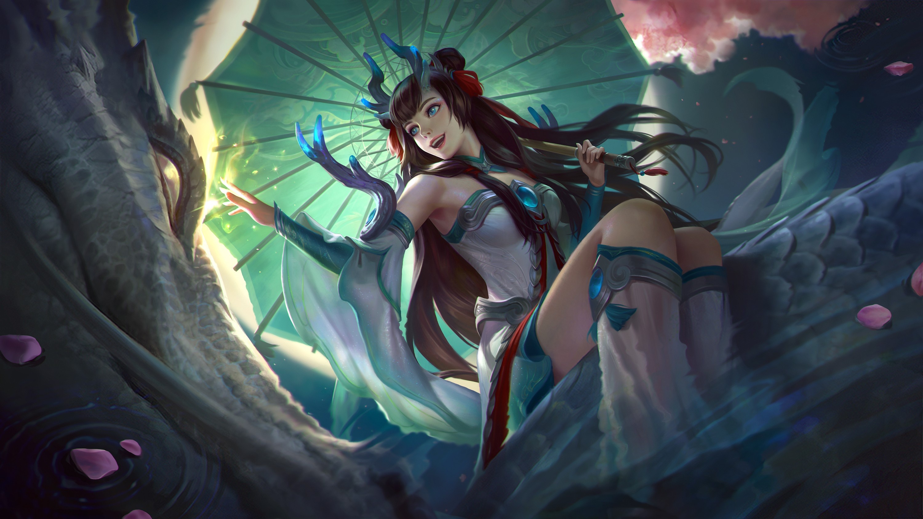 Kagura Dragon Maiden, green oil-paper umbrella, Asian dragon, HD Desktop wallpaper
