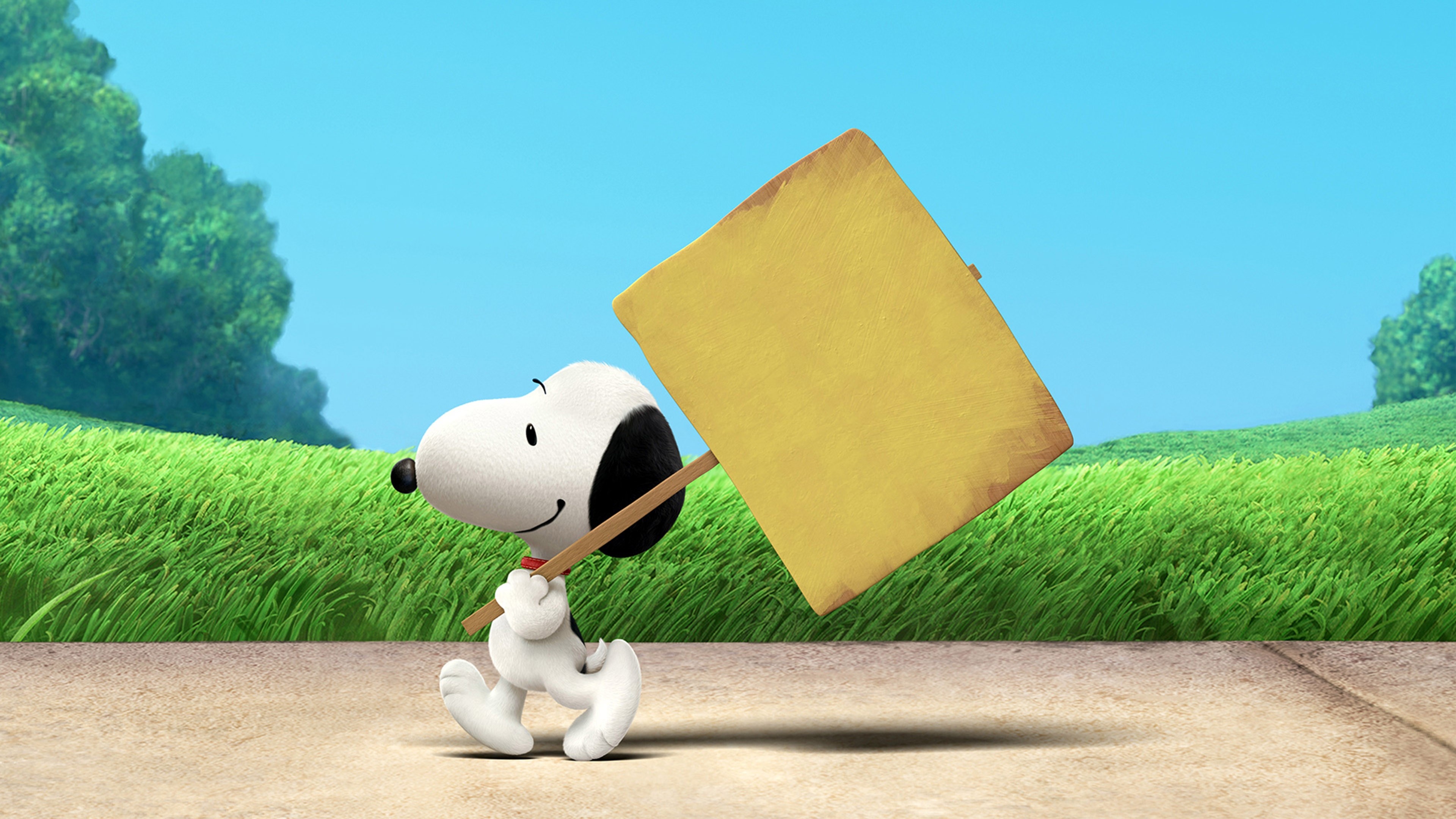 Snoopy, blank yellow sign, The Peanuts Movie, 4K Desktop wallpaper