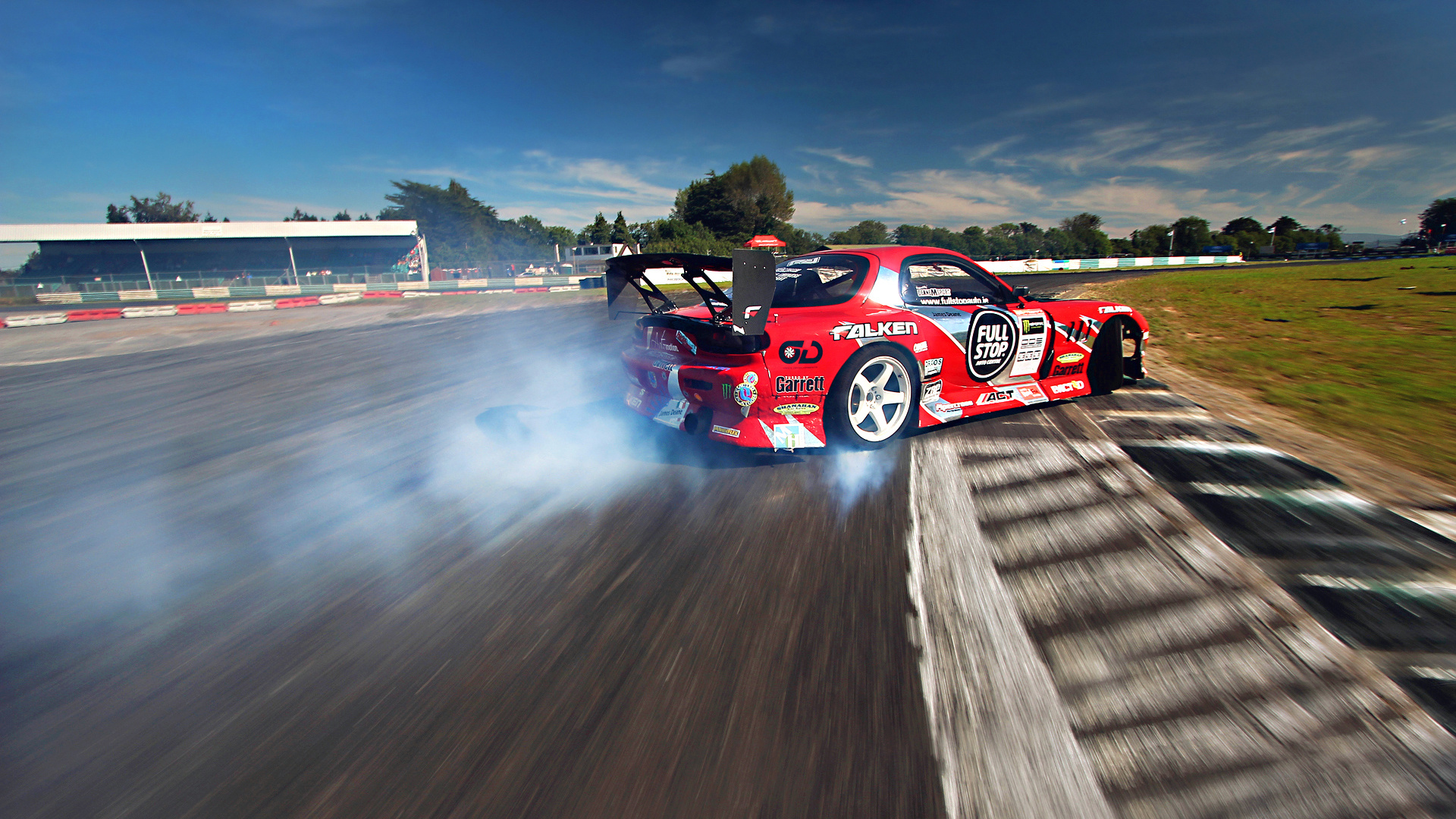 Mazda RX-7 FD drift car, burning tire smoke, racetrack kerb, Full HD Desktop wallpaper