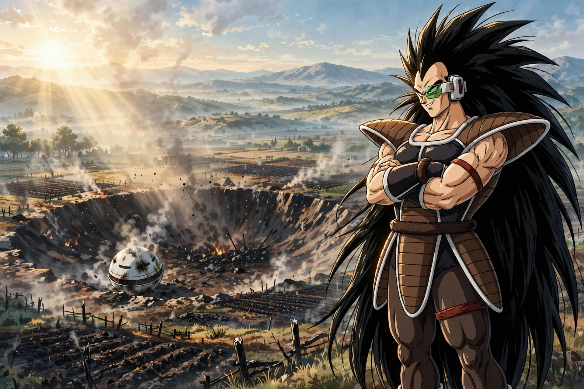 Raditz, Knee-length spiky hair, Green scouter, Saiyan battle armor, Attack pod crater, Scorched farmland, Dragon Ball Z, HD Desktop wallpaper
