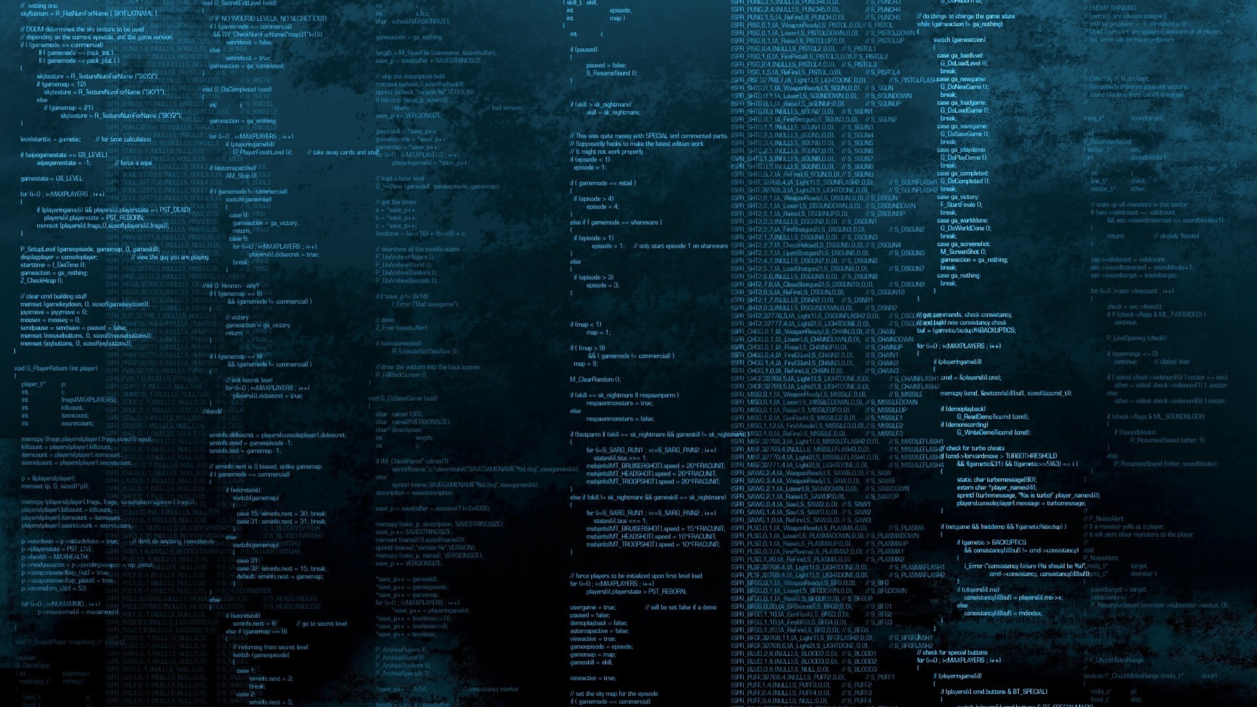 Doom source code, C programming language, blue terminal screen, HD Desktop wallpaper