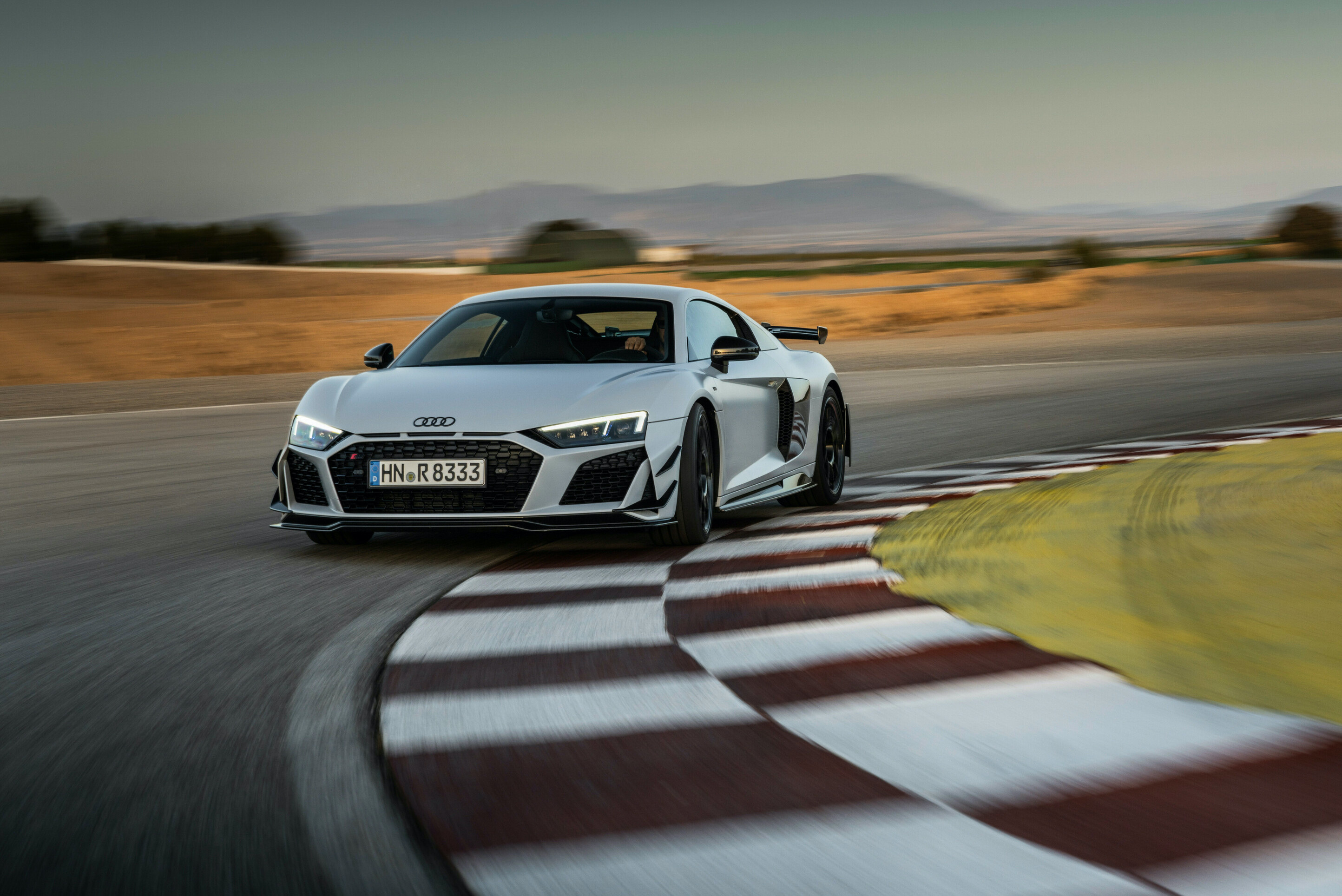 Audi R8 V10 GT RWD, racetrack apex curb, curved asphalt track, HD Desktop wallpaper