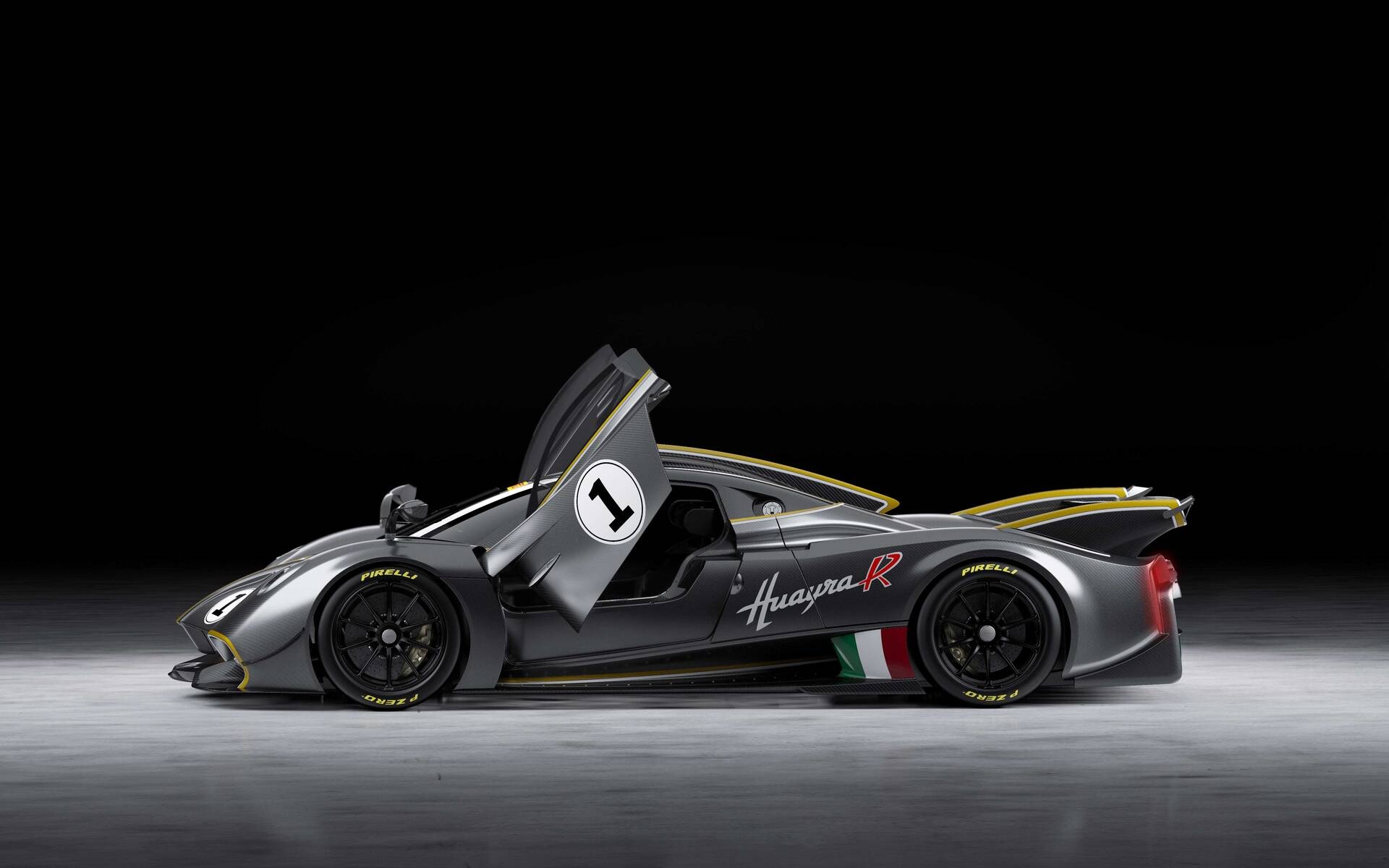 Pagani Huayra R, open butterfly door, dark studio setting, HD Desktop wallpaper