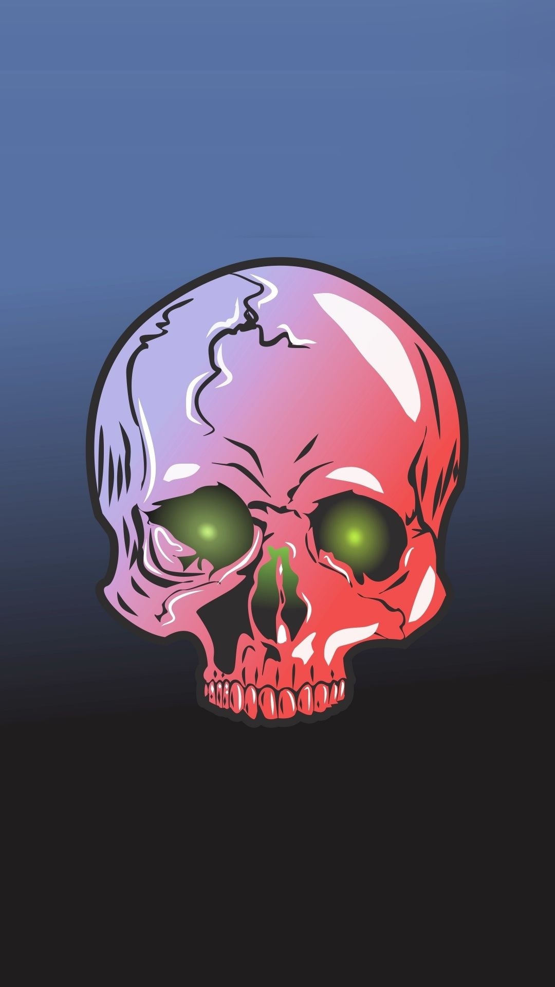 Gradient pink skull sticker, Green glowing eye sockets, Navy to black gradient, Full HD Phone wallpaper