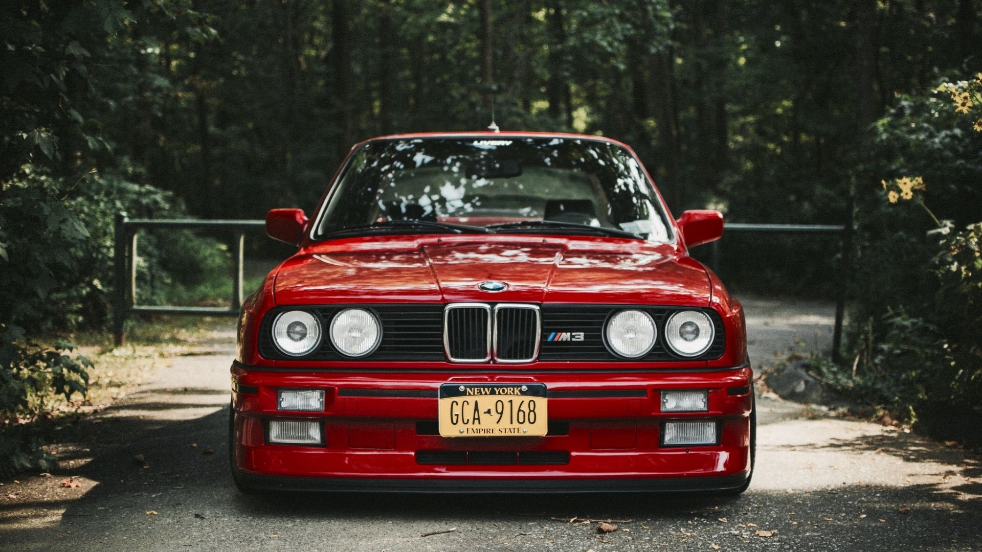 BMW E30 M3, New York license plate, forest road setting, Full HD Desktop wallpaper