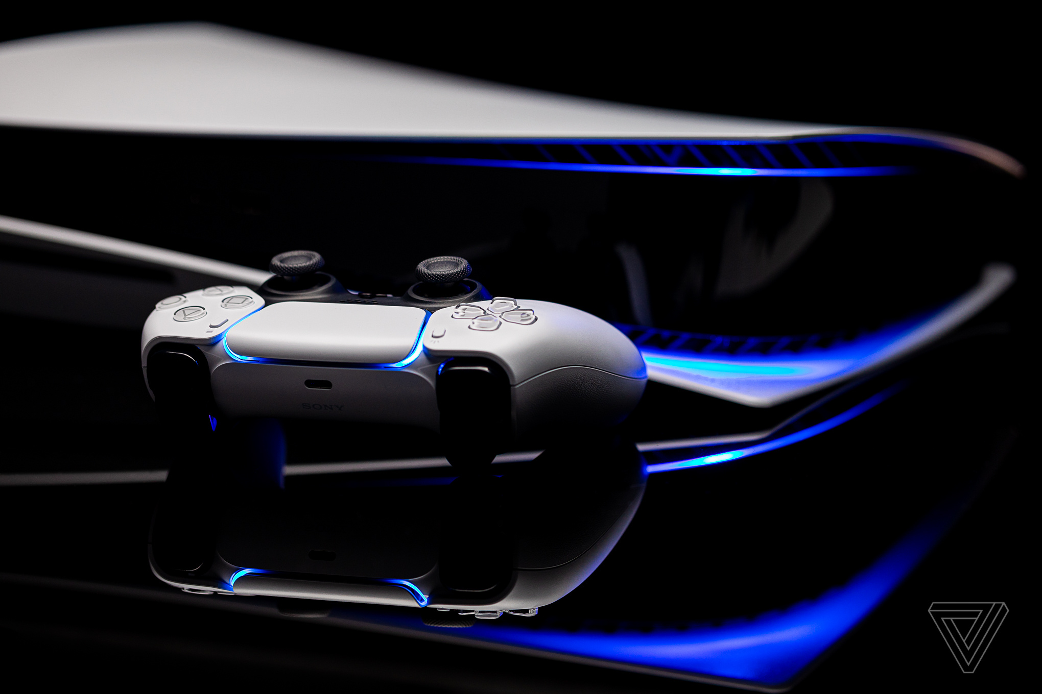 DualSense wireless controller, PlayStation 5 console, Blue LED light strip, HD Desktop wallpaper