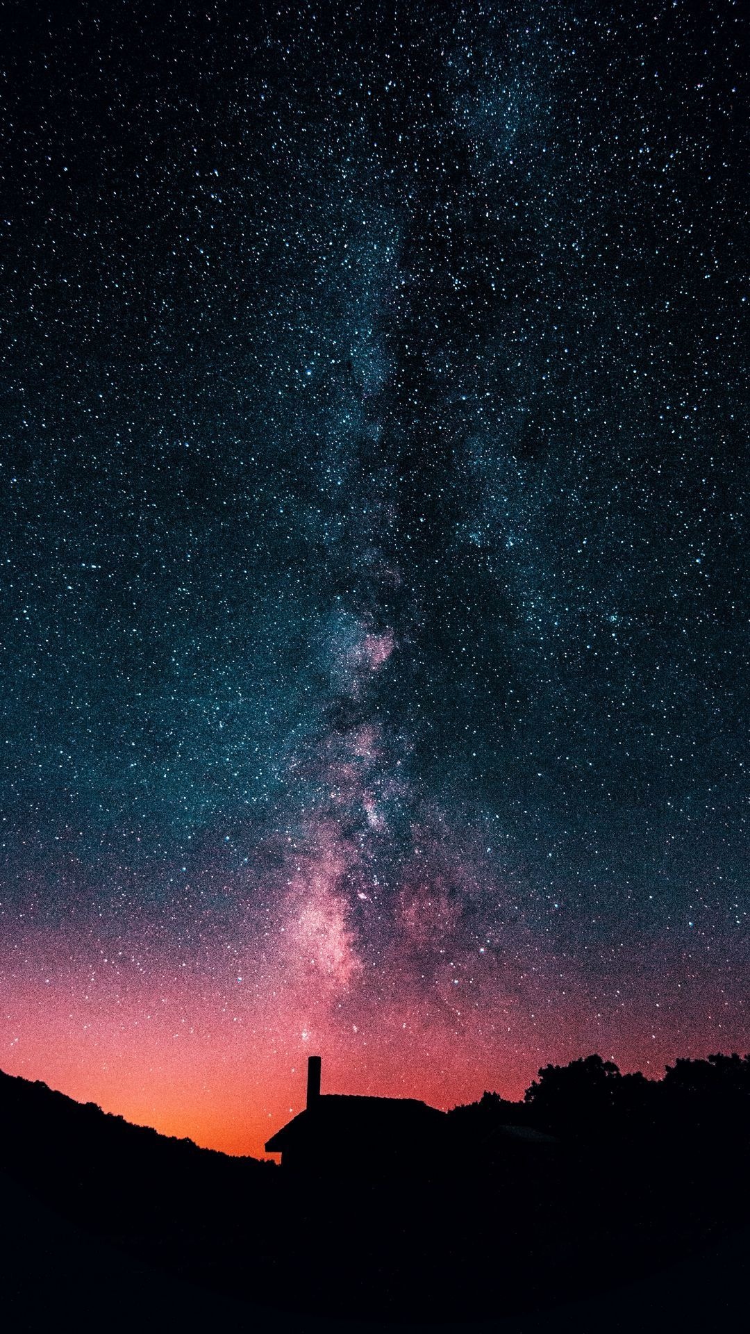 Milky Way galaxy, silhouetted cabin with chimney, twilight horizon glow, Full HD Phone wallpaper