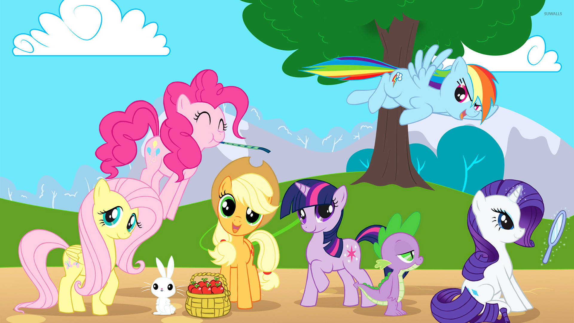 Twilight Sparkle and Spike, Rainbow Dash, Pinkie Pie, Fluttershy with Angel Bunny, Applejack and Rarity, Full HD Desktop wallpaper