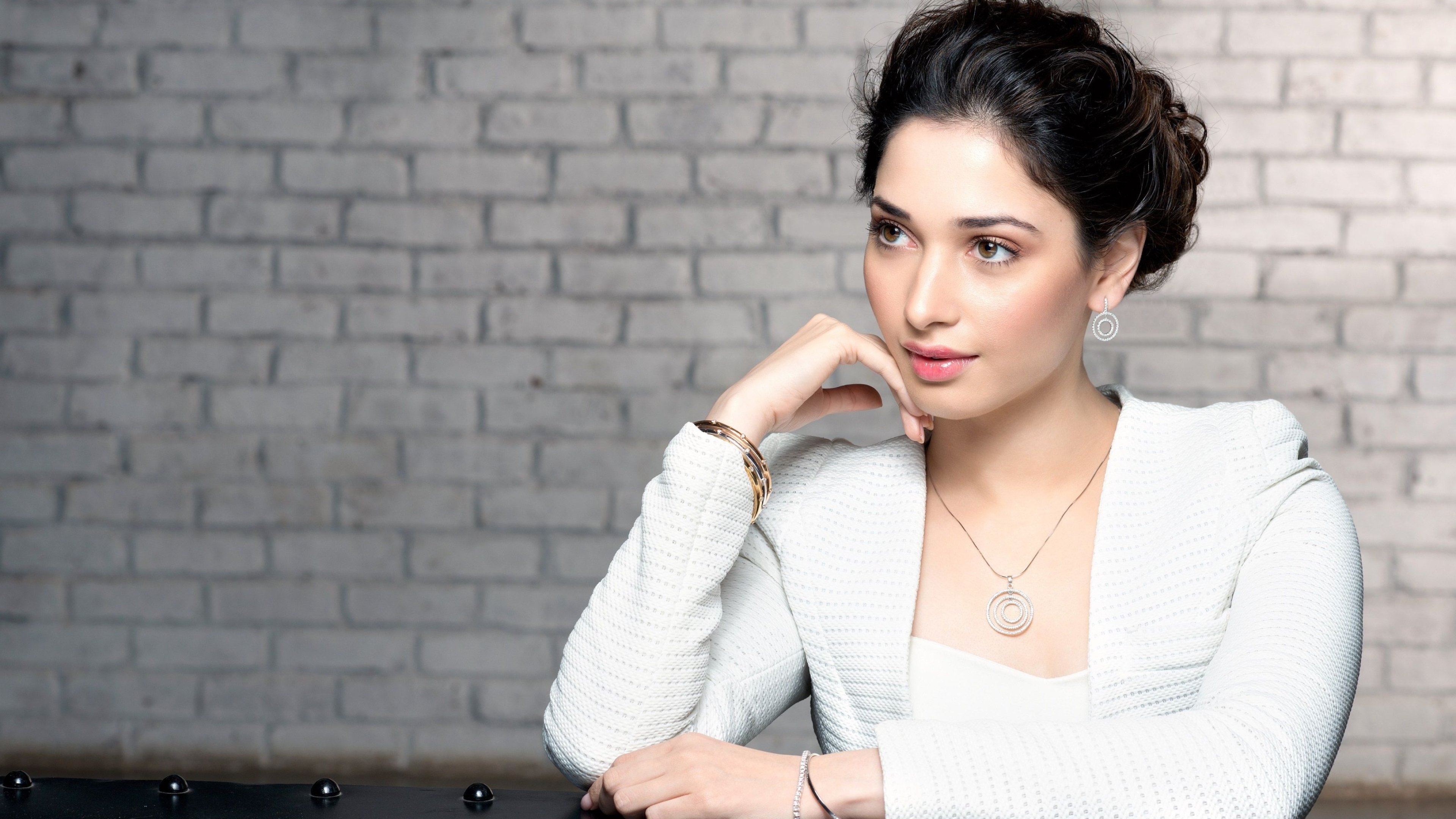 Tamannaah Bhatia, White textured blazer, White brick wall, 4K Desktop wallpaper