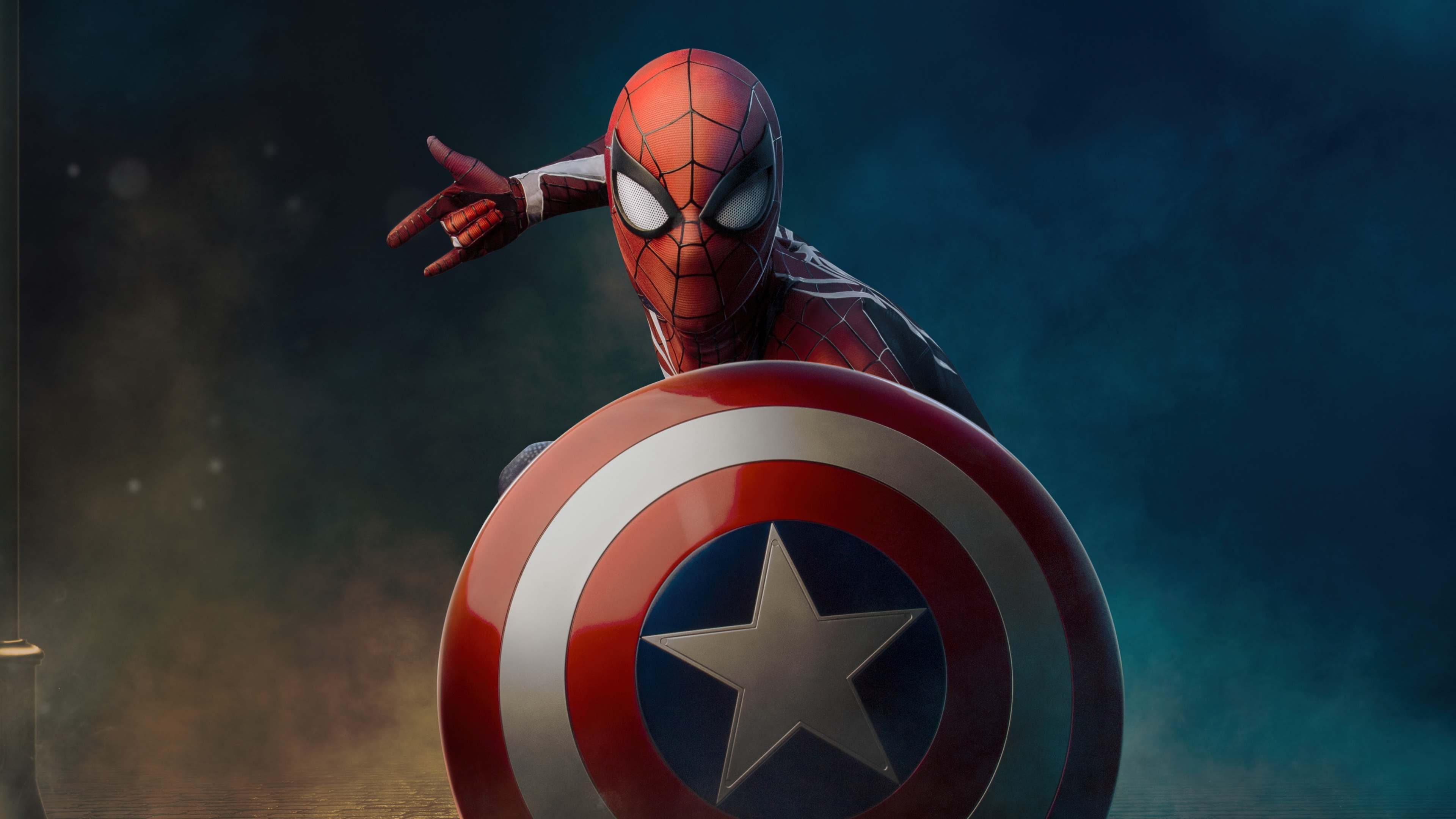 Advanced Suit Spider-Man, Captain America's shield, web-shooting hand pose, 4K Desktop wallpaper