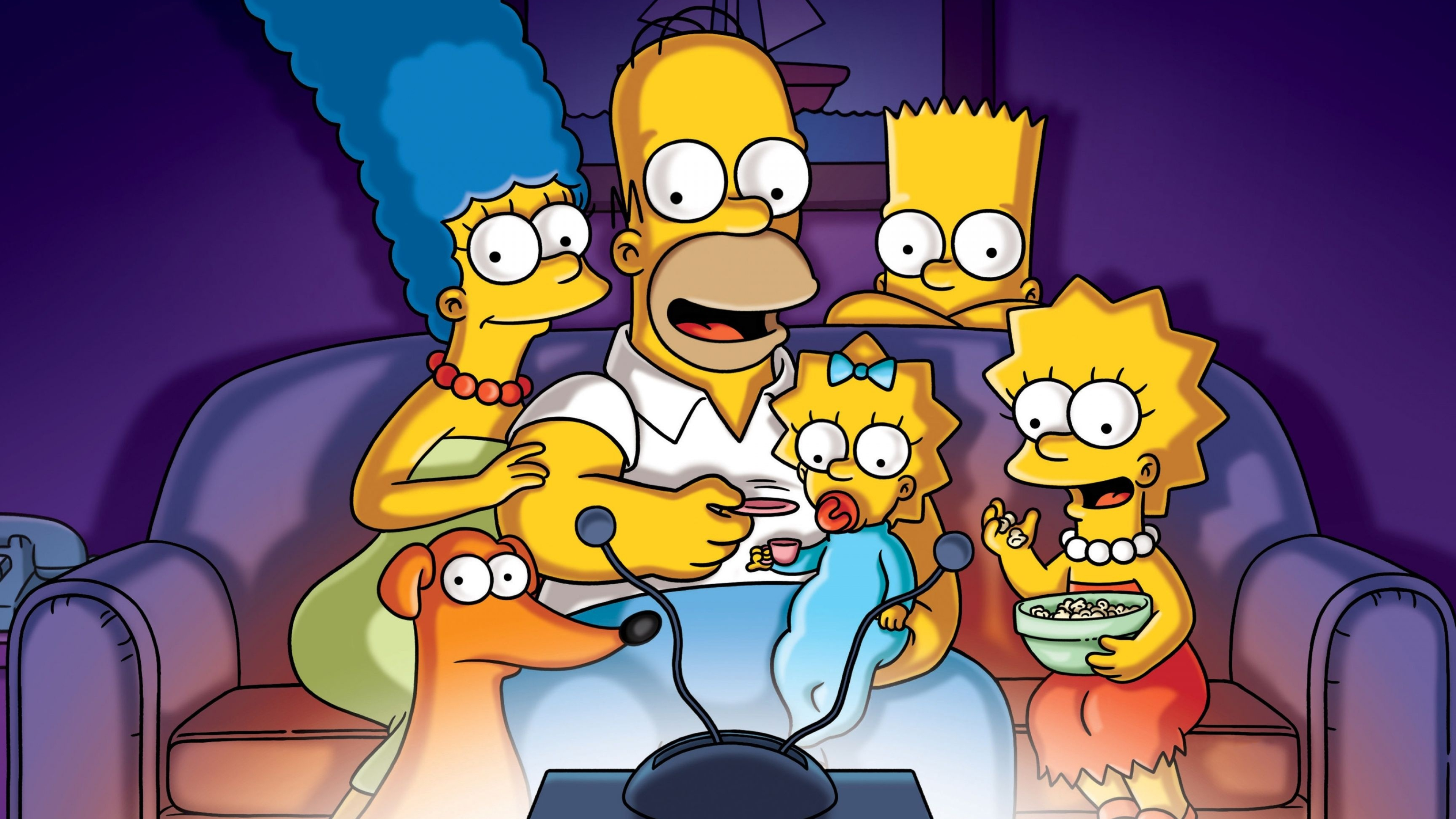The Simpsons family, Bart Simpson, Homer Simpson, Lisa Simpson, Santa's Little Helper, 4K Desktop wallpaper