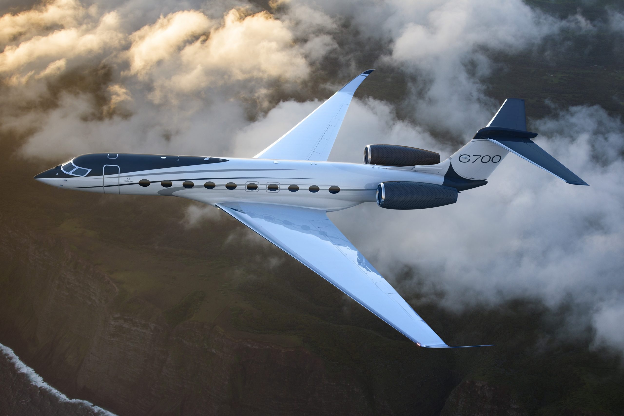 Gulfstream G700, Aerial flight over clouds, Coastal cliff landscape below, HD Desktop wallpaper