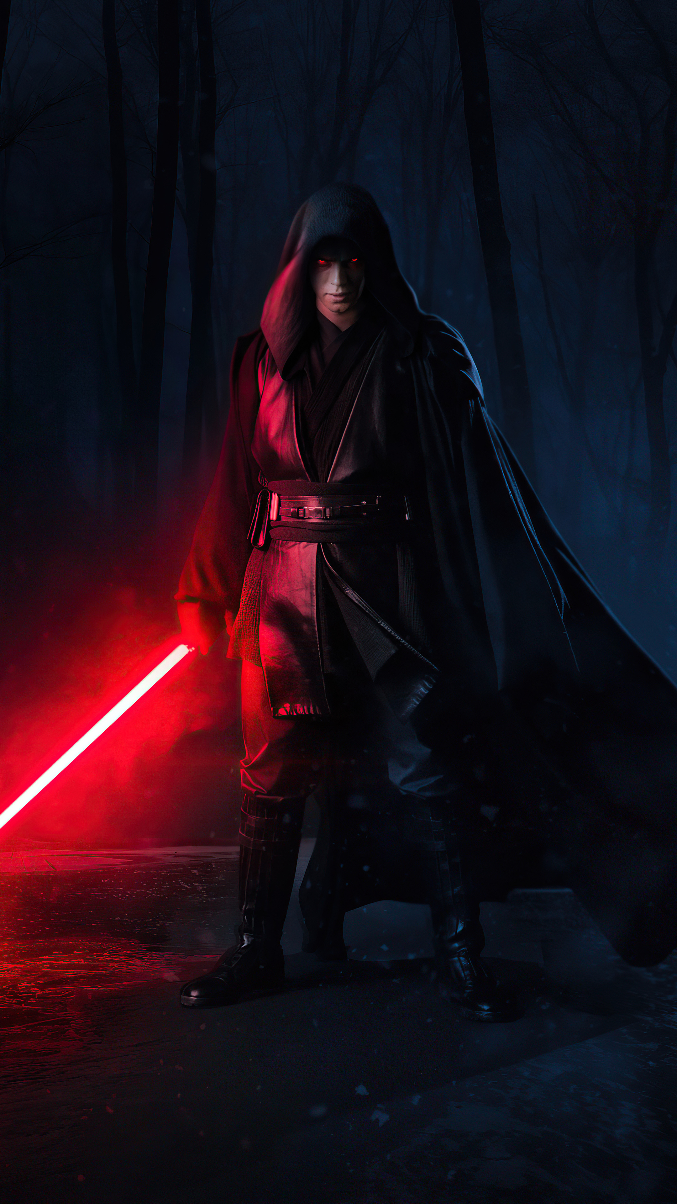 Anakin Skywalker Sith robes, Red glowing lightsaber, Dark misty forest, 4K Phone wallpaper