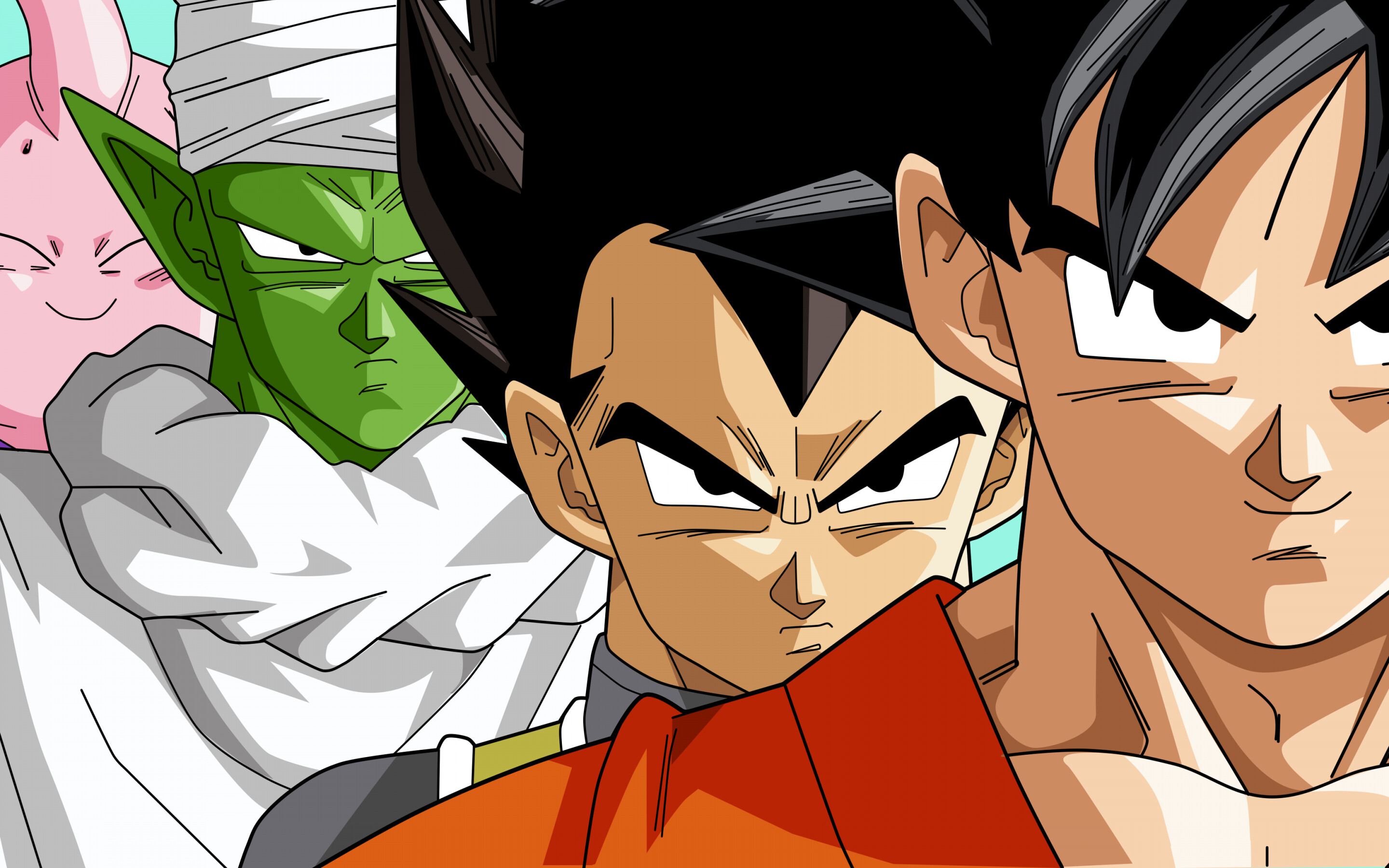 Goku, Piccolo, Vegeta, Majin Buu, Close-up lineup, Dragon Ball Z, HD Desktop wallpaper
