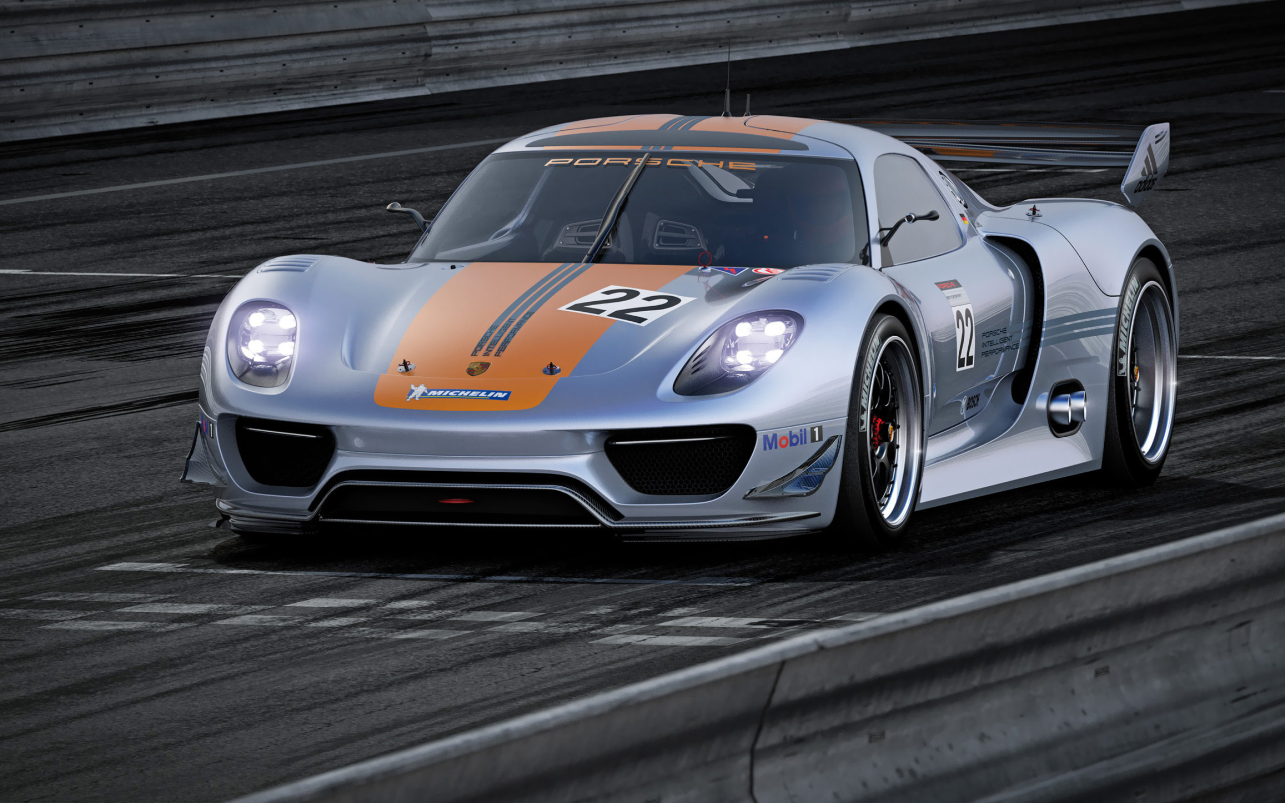 Porsche 918 RSR, Asphalt race track, Silver racing livery, HD Desktop wallpaper