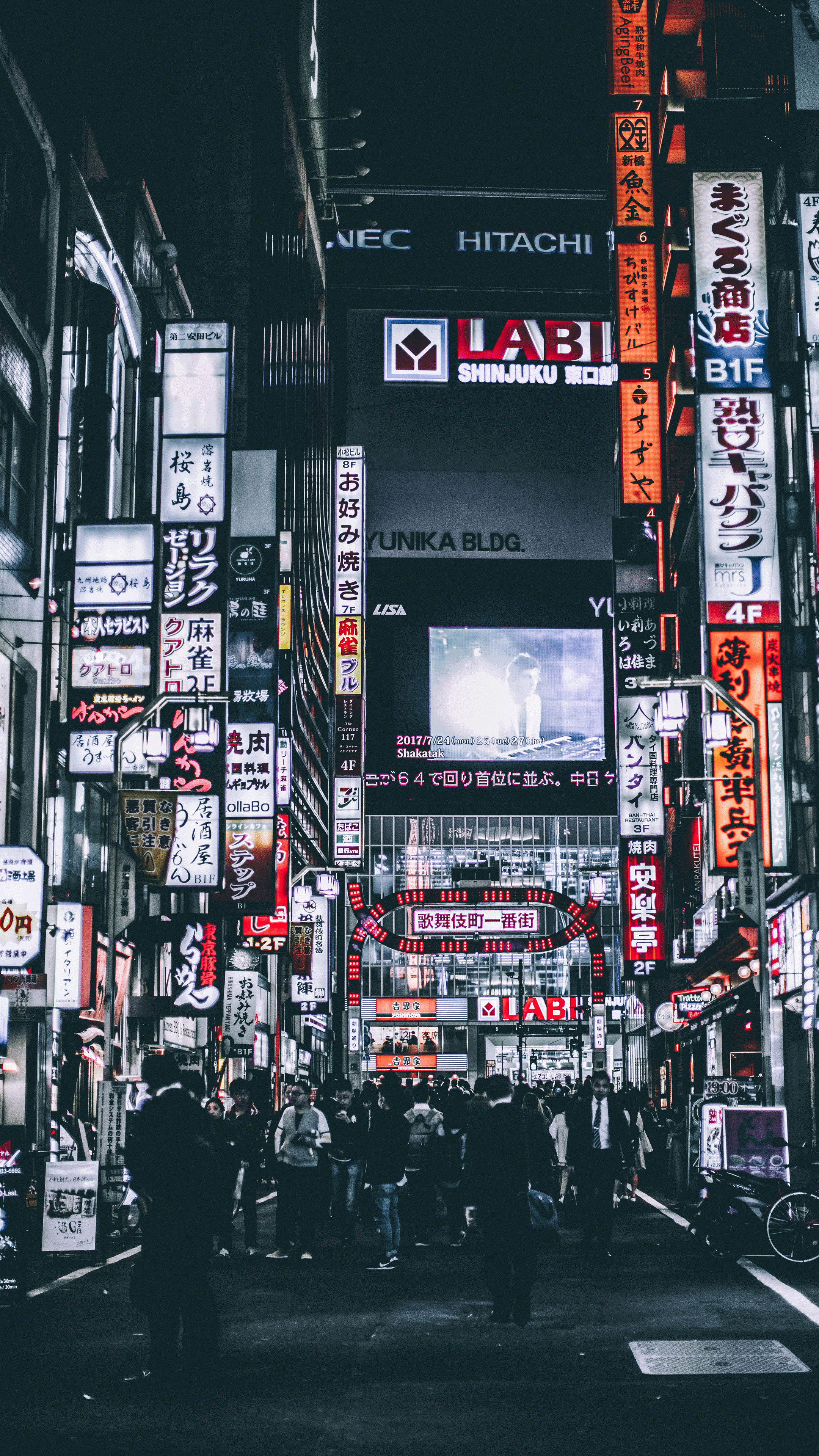 Kabukicho Ichiban-gai arch, LABI Shinjuku sign, Tokyo night street crowd, 4K Phone wallpaper