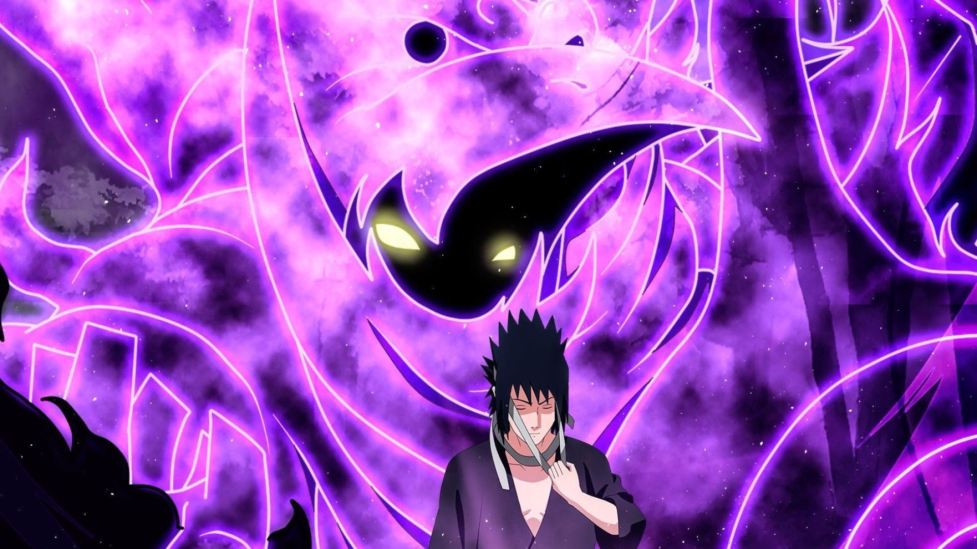 Sasuke Uchiha, Sasuke's Susanoo, Purple chakra aura, Full HD Desktop wallpaper
