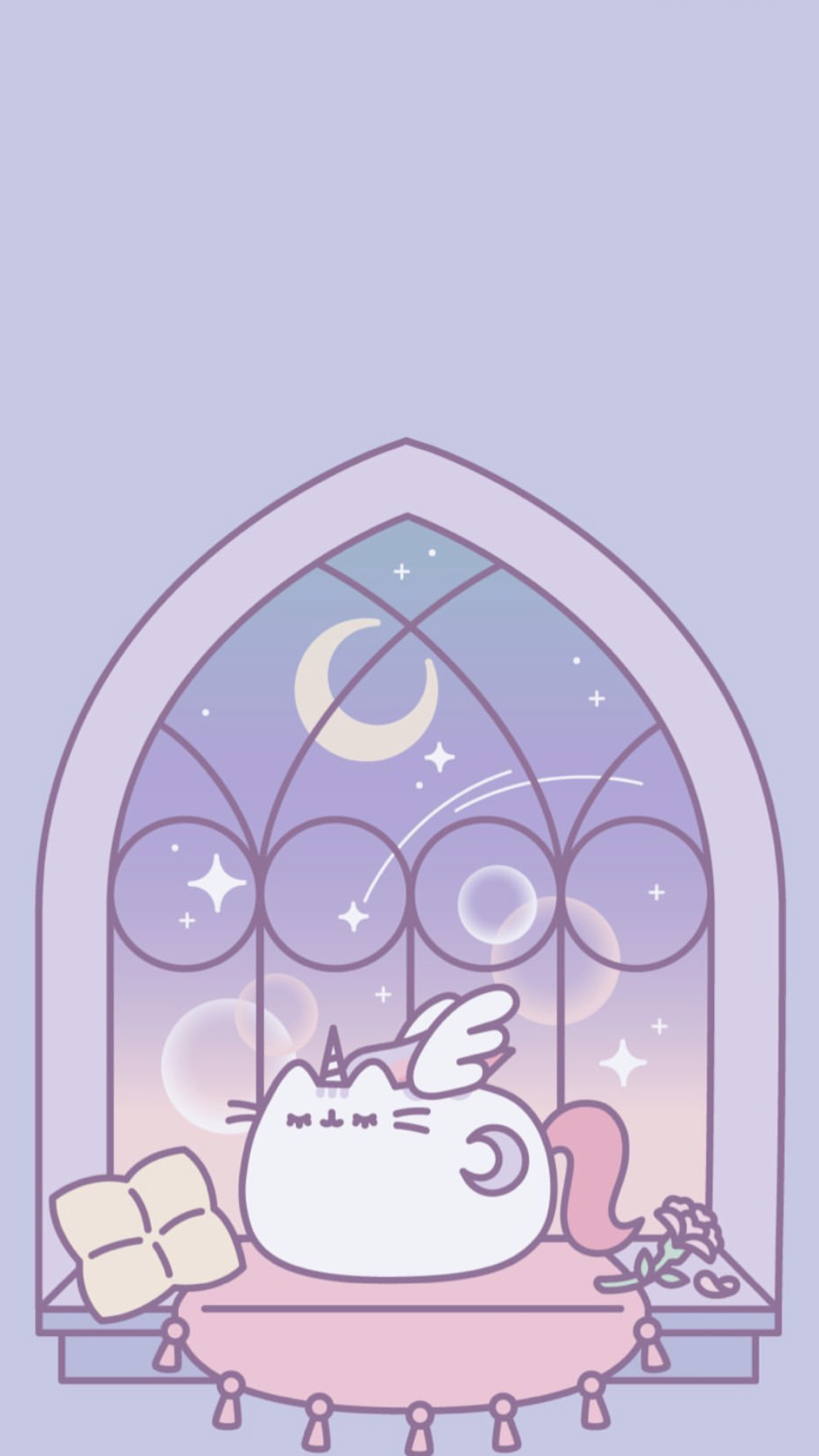 Pusheenicorn, Gothic arched window, Pastel crescent moon sky, HD Phone wallpaper