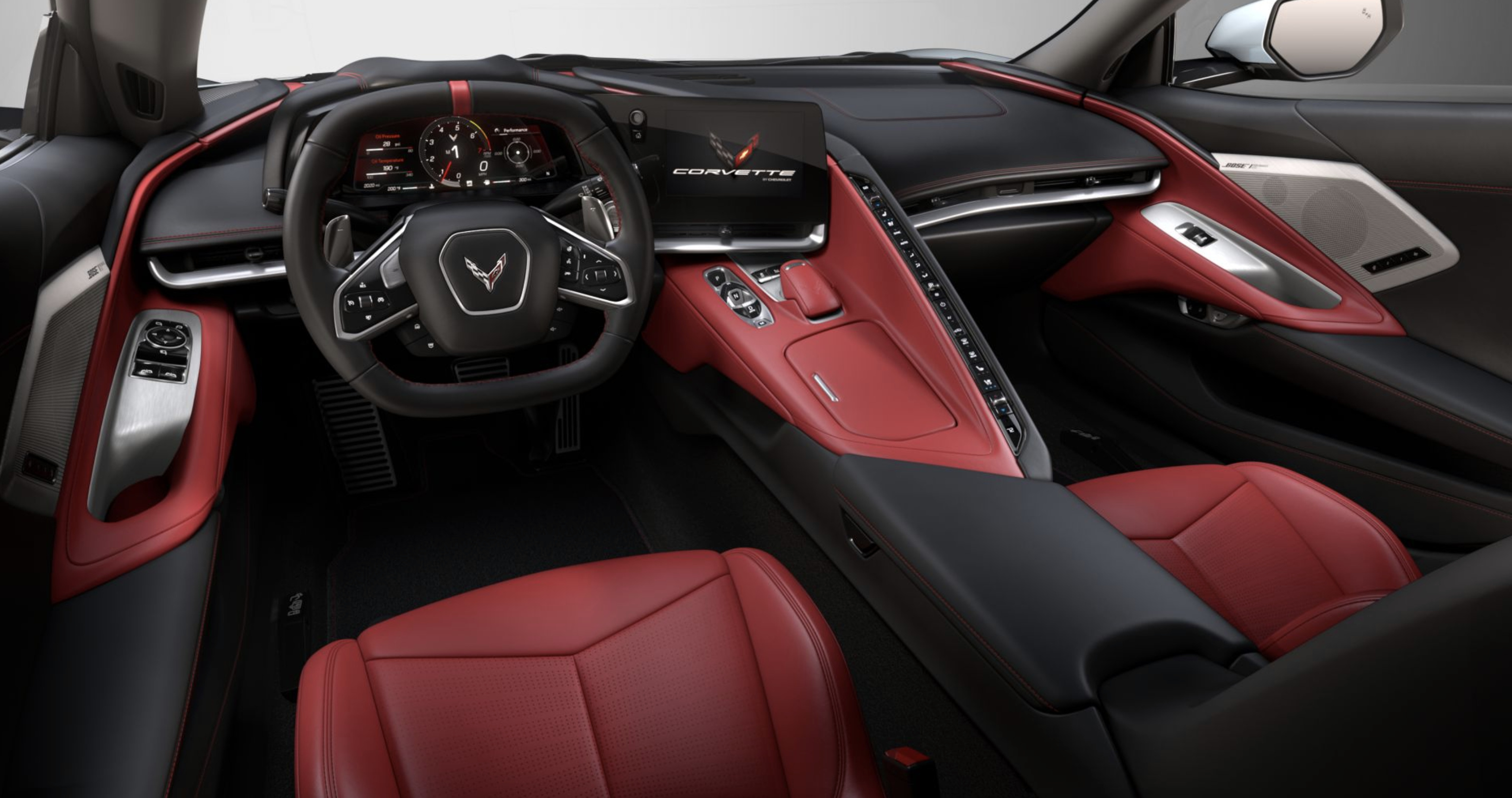 Chevrolet Corvette C8 interior, CORVETTE infotainment display, red leather bucket seats, HD Desktop wallpaper