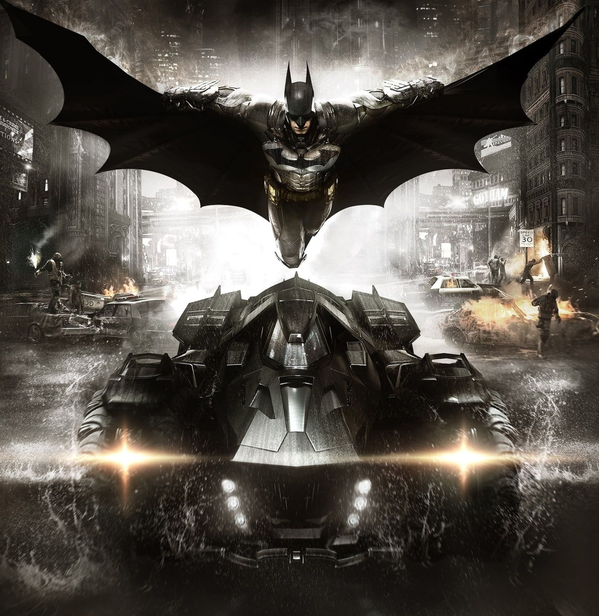 Batman gliding overhead, Arkham Knight Batmobile, Rainy Gotham City street, HD Phone wallpaper