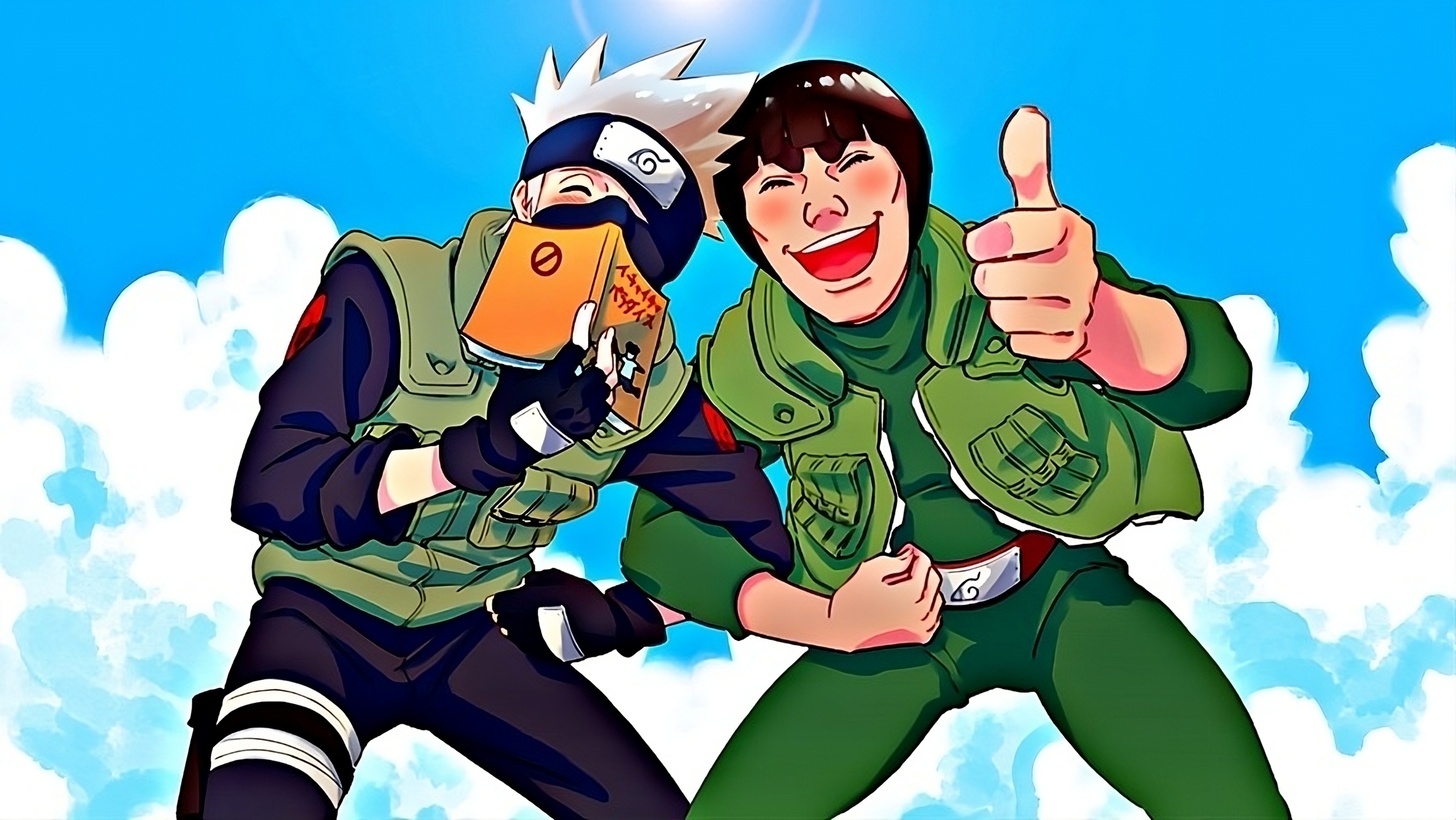 Might Guy, Kakashi Hatake, Nice-guy pose, Green jumpsuit, Blue sky, HD Desktop wallpaper