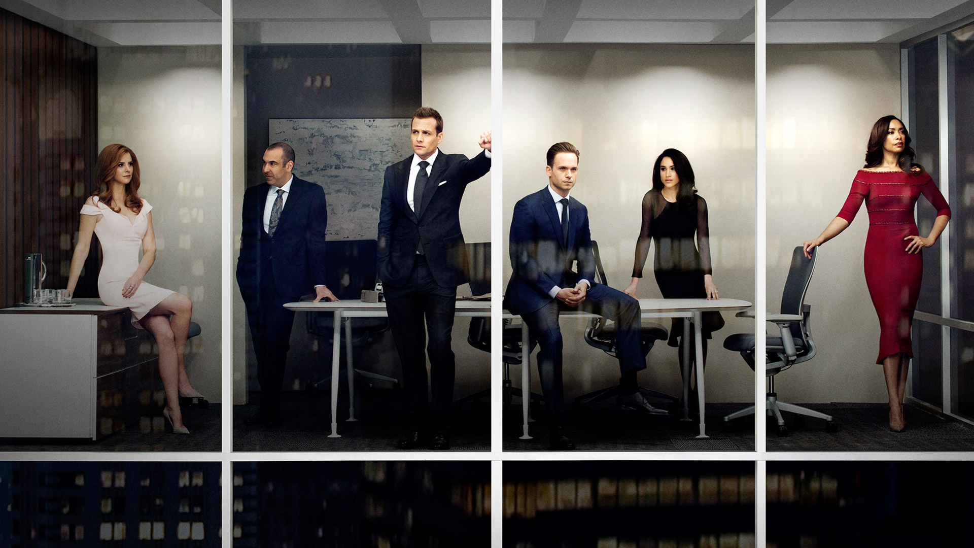 Harvey Specter, Mike Ross, Rachel Zane, Jessica Pearson, Louis Litt, Full HD Desktop wallpaper